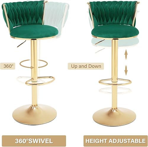 Miniatura 4 de Juego de 2 taburetes de bar giratorios de terciopelo, modernos taburetes de bar de altura ajustable de 24 pulgadas con respaldo tejido y reposapiés,