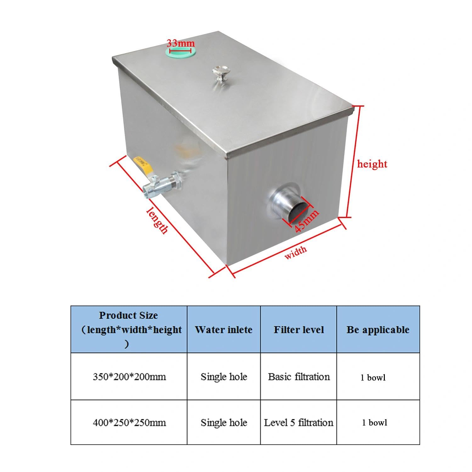 Trampa grasa separador de grasas bajo fregadero inox cocina 1 entrada interceptor de grasa para restaurantes gastronomía (40 x 25 x 25CM)
