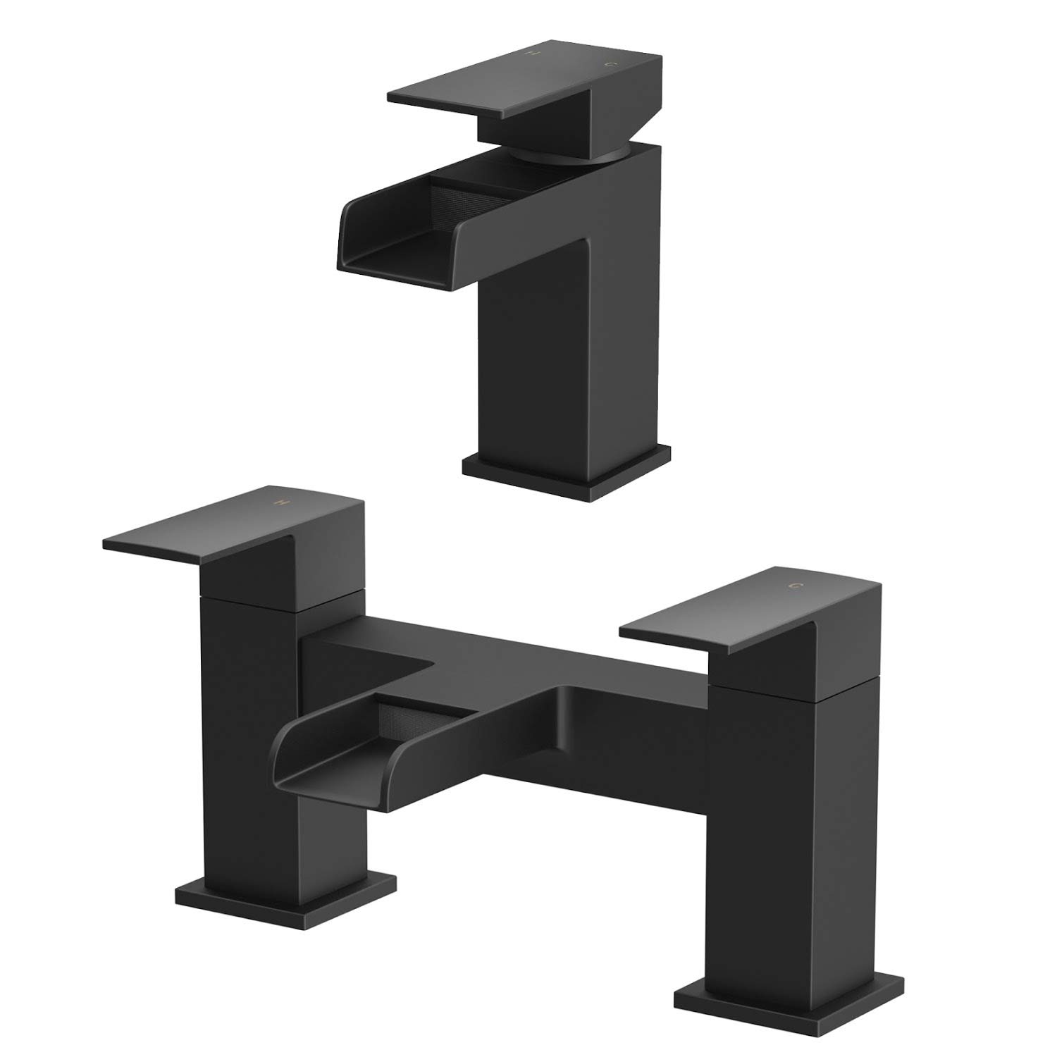 Architeckt® Dakota Bathroom Waterfall Bath Filler Mixer Tap and Basin Tap Set Deck Mounted Square Twin Lever Handle Modern, Matt Black
