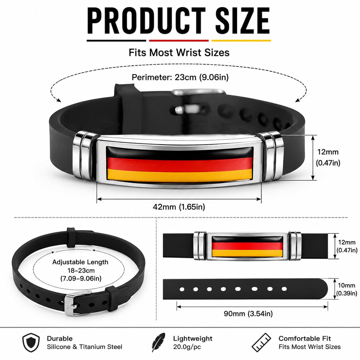 Confezione da 2 braccialetti con bandiera tedesca per uomini e donne, braccialetti regolabili in silicone, accessori per tifosi sportivi della Germania, accessori per calcio, calcio, basket, pallavolo