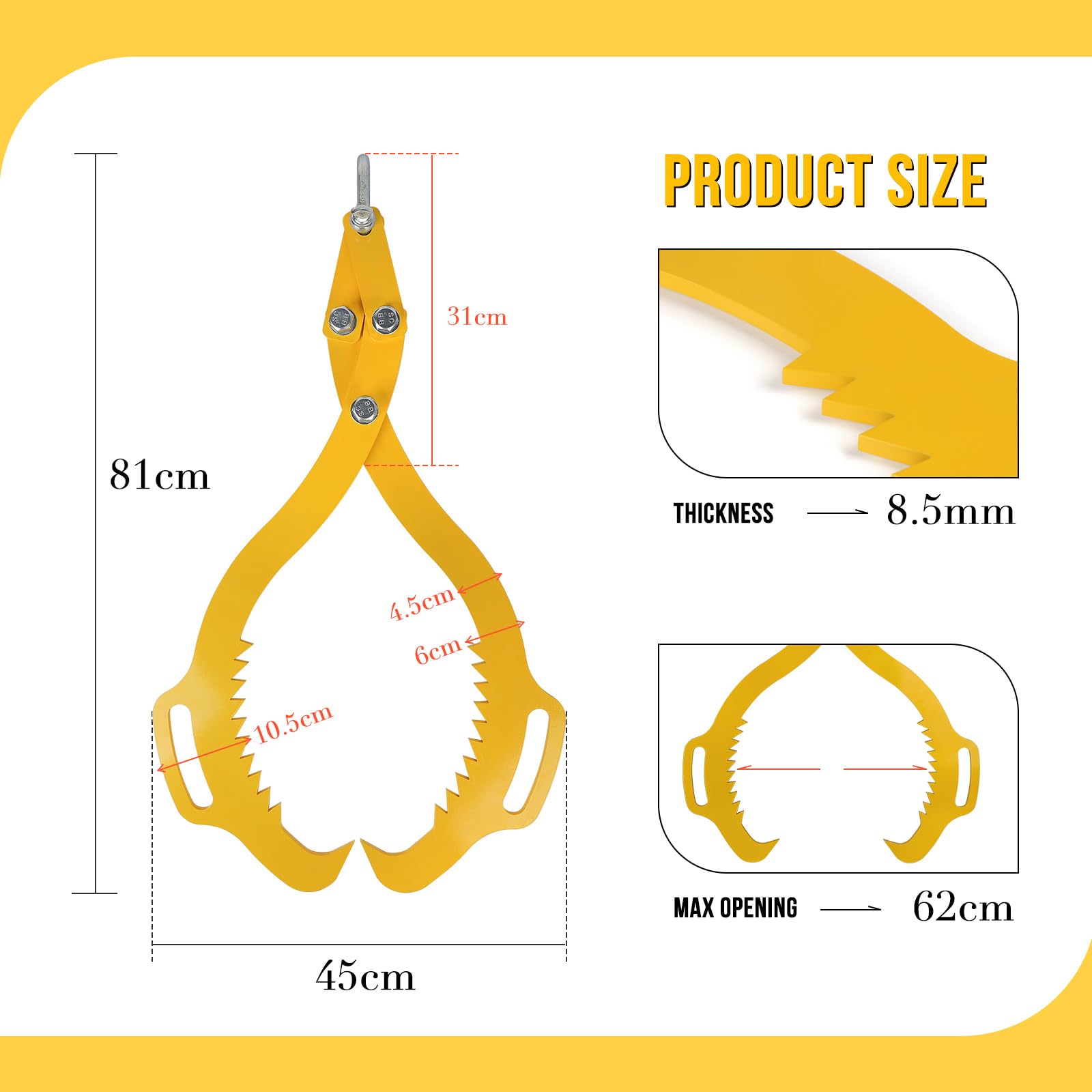 SWAWIS Pinza forestale per Legna e Tronchi in Acciaio Legato, Pinze per Sollevamento di Tronchi Fino a 620mm, capacità di Carico: 1000 kg, Aggrappatore per Legname per Impieghi Gravosi(Giallo)