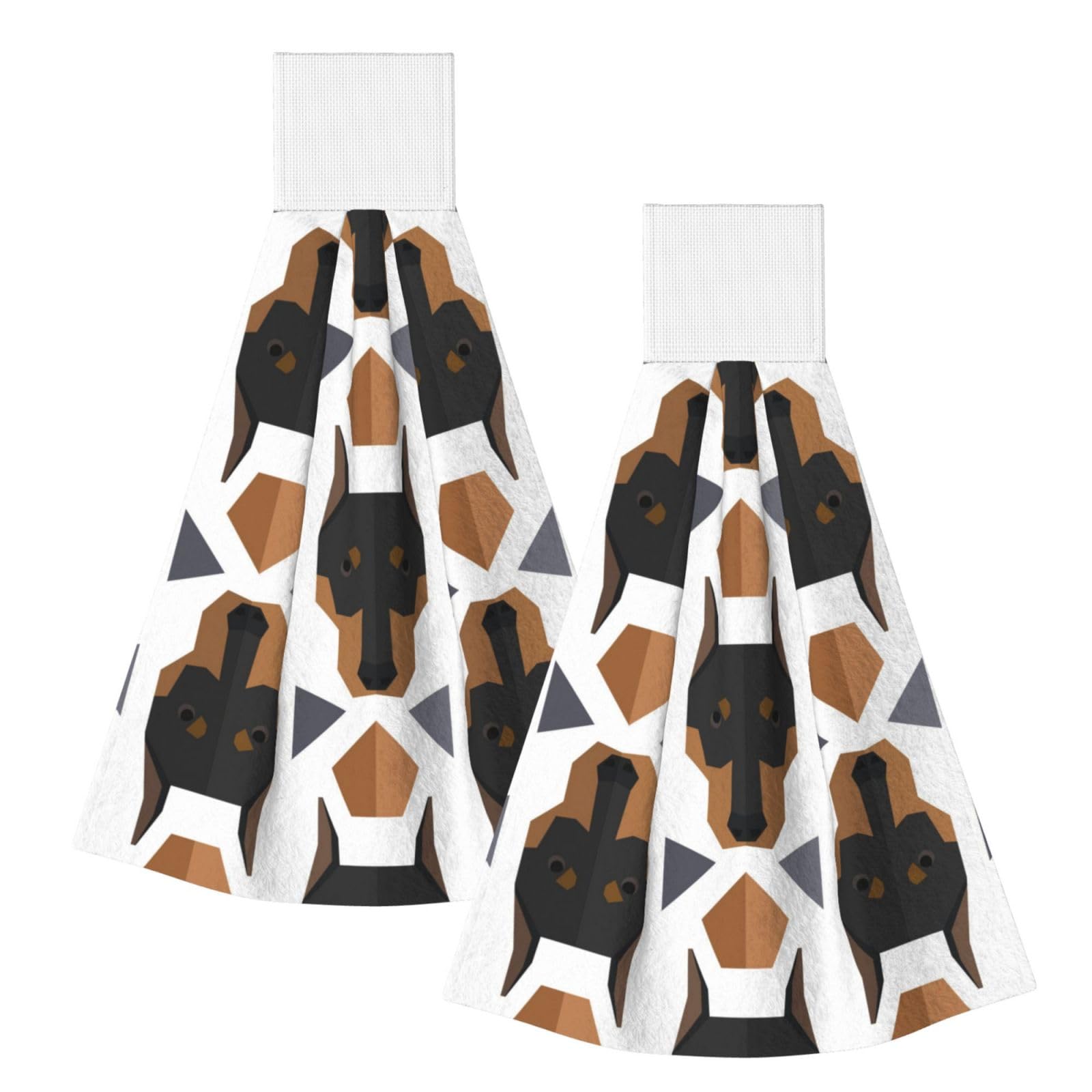 DOPKLNA Polygonal Pattern Doberman Head, 2 Pcs Hanging Coral Fiber Hand Towels for Bathroom, Absorbent Kitchen Towels