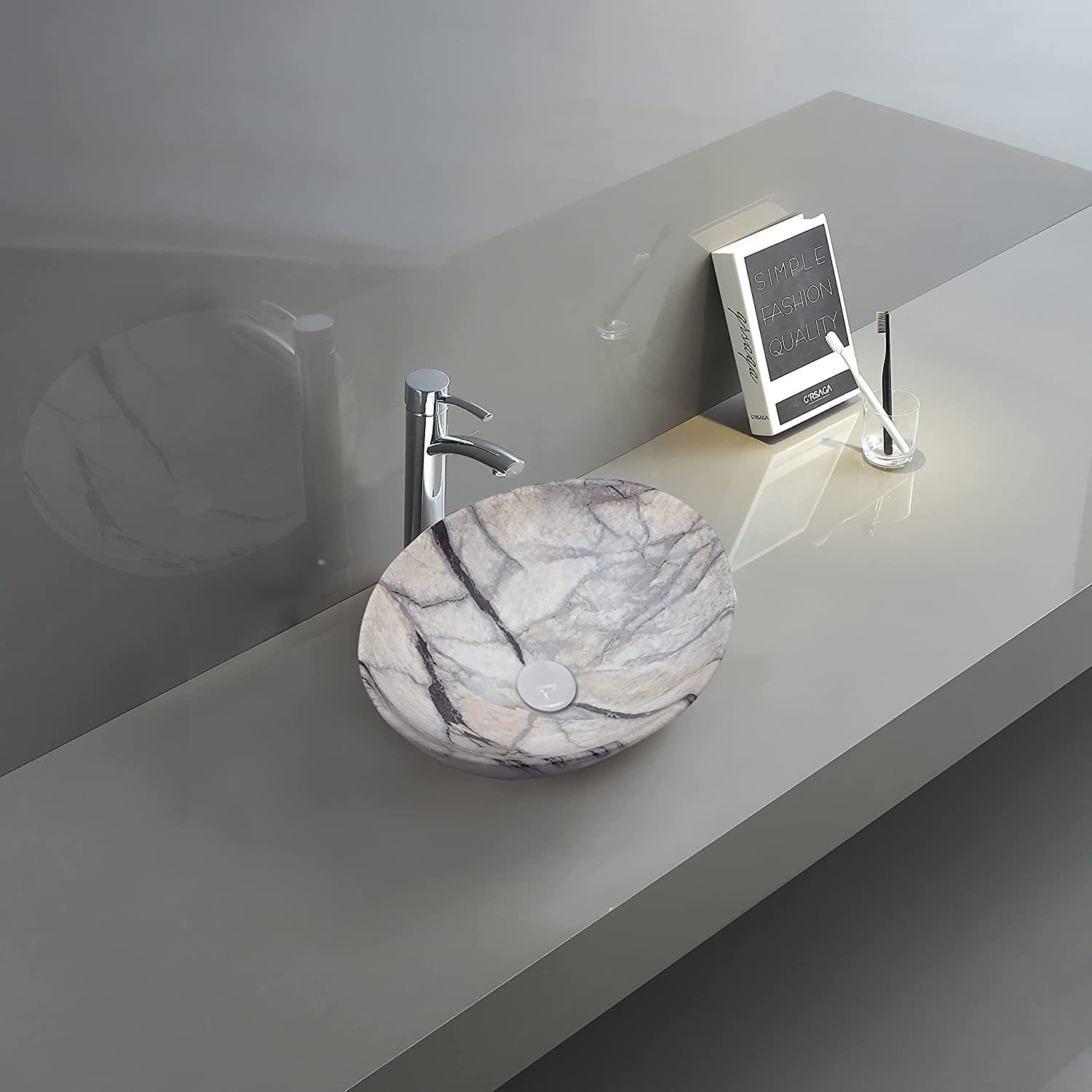 REMOTION Tabletop Ceramic Bathroom Sink | Countertop Wash Basin | Oval Shape Wash Basin For Bathroom (Glossy Slate Grey) (B0C559SG3M) Amazon Price History, Amazon Price Tracker