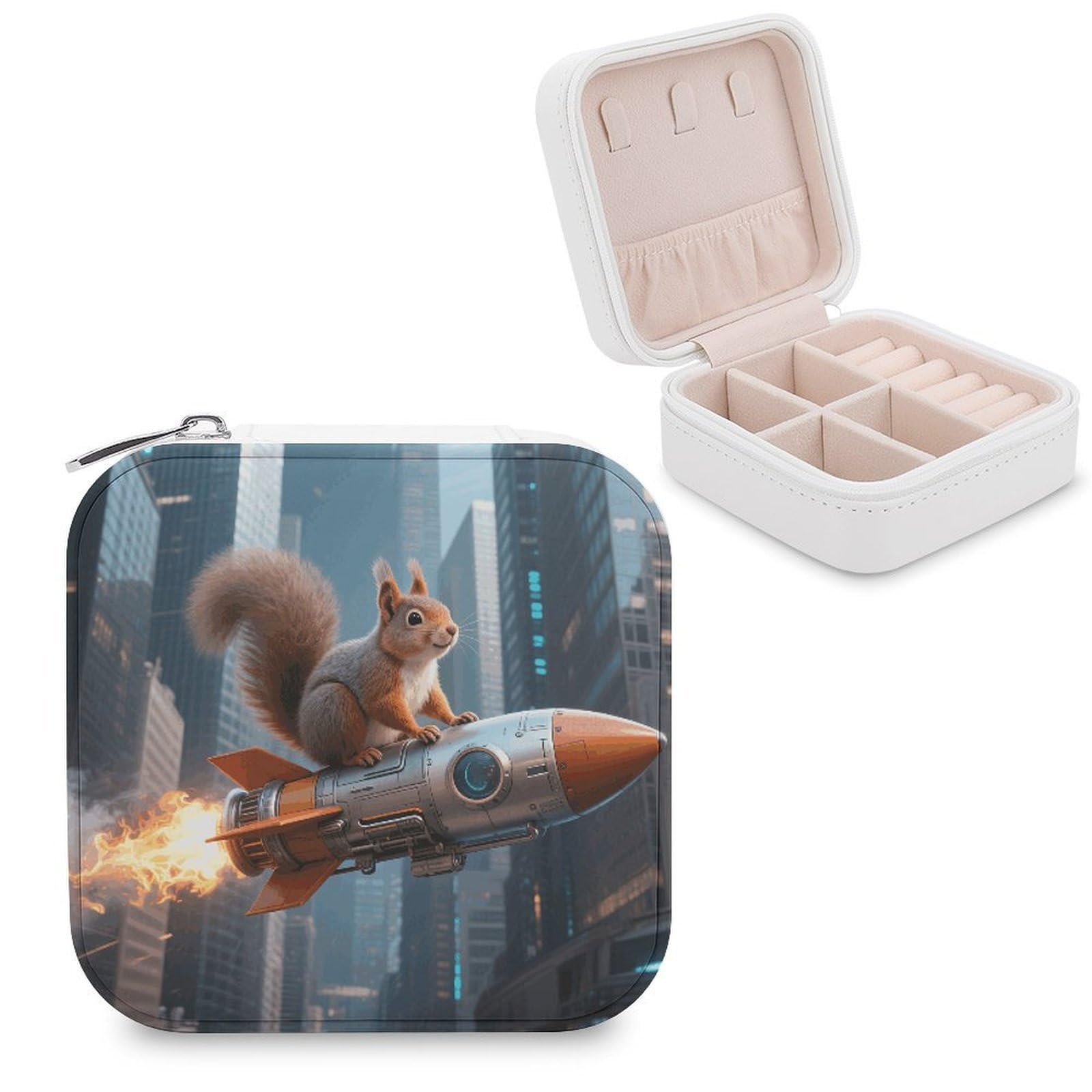 VstaDank Rocket Squirrel Jewelry Organizer Travel Case for Women With Zipper Mini Jewelry Case PU Leather Jewelrys Box for Rings Necklaces Bracelets Earring Holder Organizer Storage