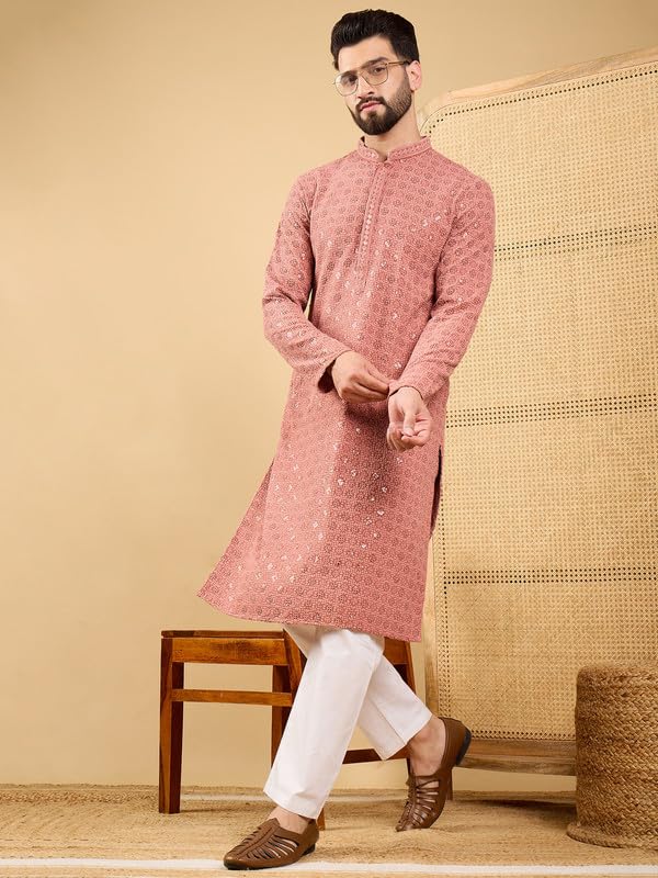 Image of Men's Solid Embroidered Long Straight Kurta | Men's Kurta | Embroidered Chikankari Kurta for Men | Straight Fit Kurta for Men