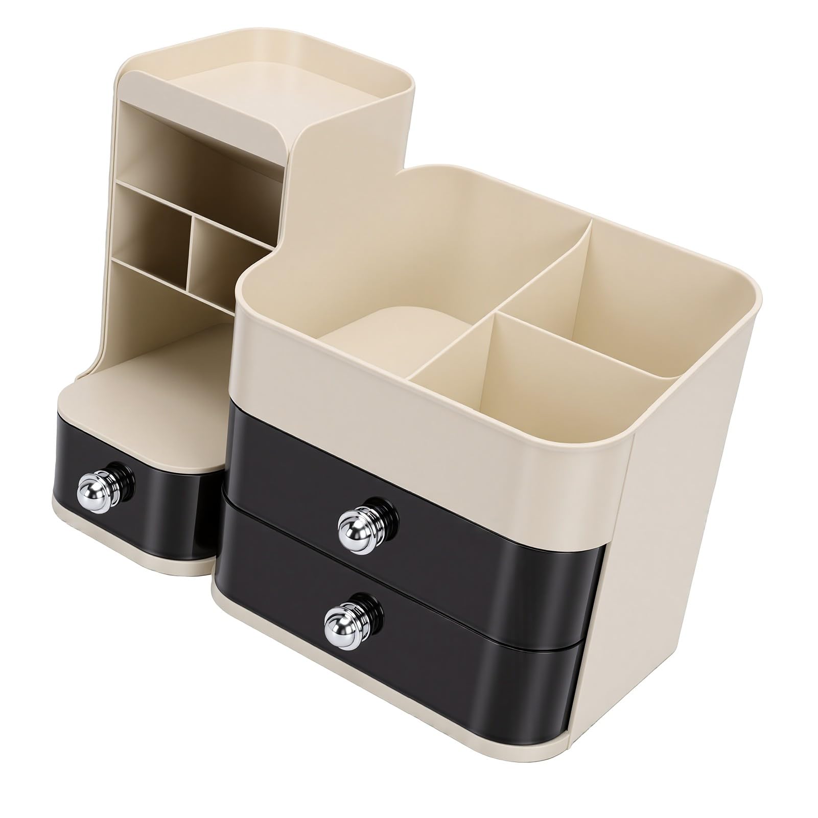 Duokon Porta Trucchi da Tavolo con Porta Pennelli e 3 Cassetti per vanità Bagno Ufficio Storage (bianco panna)