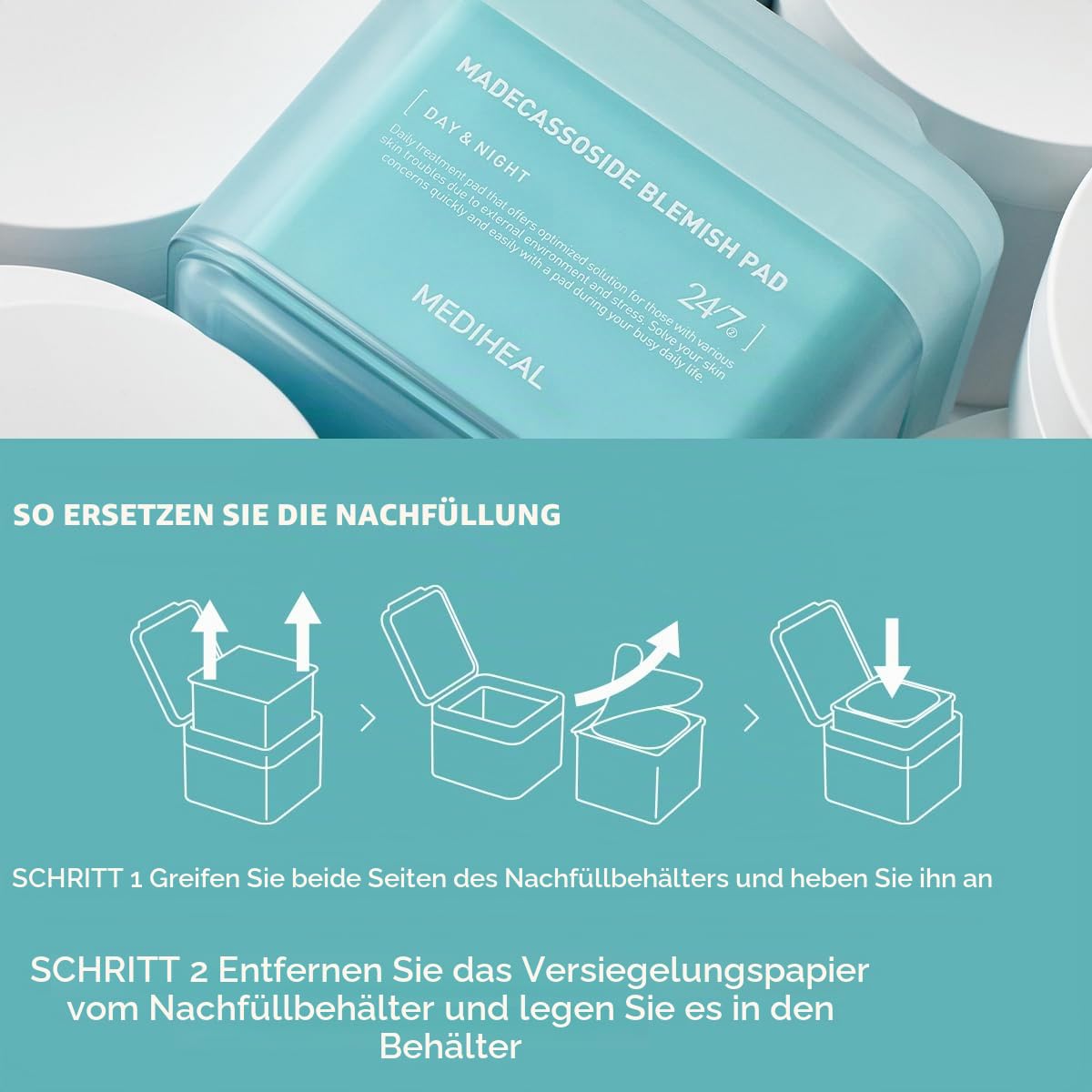 (Nur Nachfüllen) Mediheal Madecassoside Blemish Pad (100 Pads) – Gesichtswasser Pads aus Baumwolle für Anti-Makel bis zu verbessertem ungleichmäßigen Hautton – Vegane Mullpads