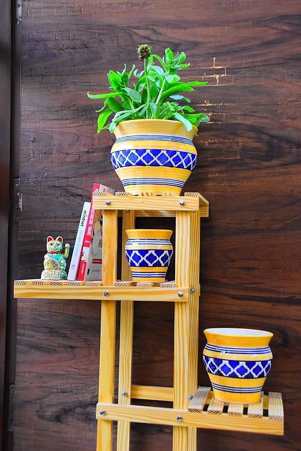 Image of Niyara Stylish Ceramic Pots Planters for Indoor Plants,Succulent,Outdoor,Balcony,Home,Garden,Office (Set of 3) Size -Large 9 inches 7 inches & 5 inches (Moroccan Yellow & Blue Set 3)