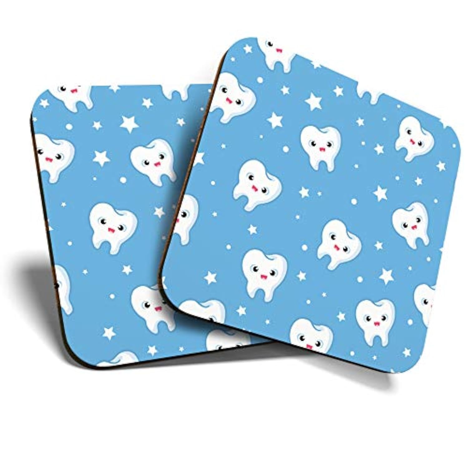 Destination Vinyl Ltd Multicolor Great Coasters (Set Of 2) Square/Glossy Quality Coasters/Tabletop Protection For Any Table Type - Pretty Happy Teeth Dentist Dental Tooth #8730