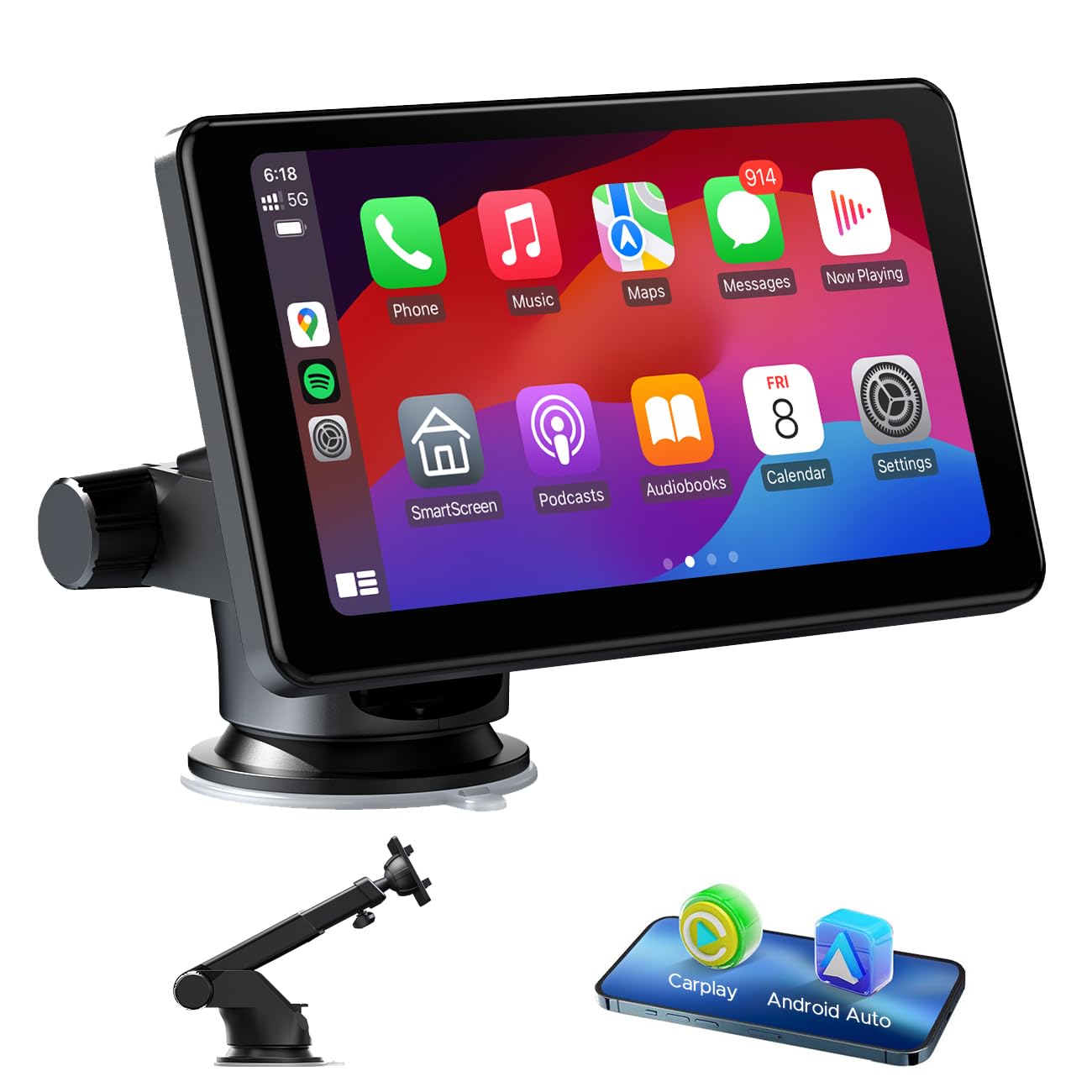 LAMTTO Wireless Carplay Screen for Car,7" HD Portable Car Stereo with Apple Carplay and Android Auto,Portable Touch Screen with Voice Control,Mirror Link,Bluetooth,GPS Navigation