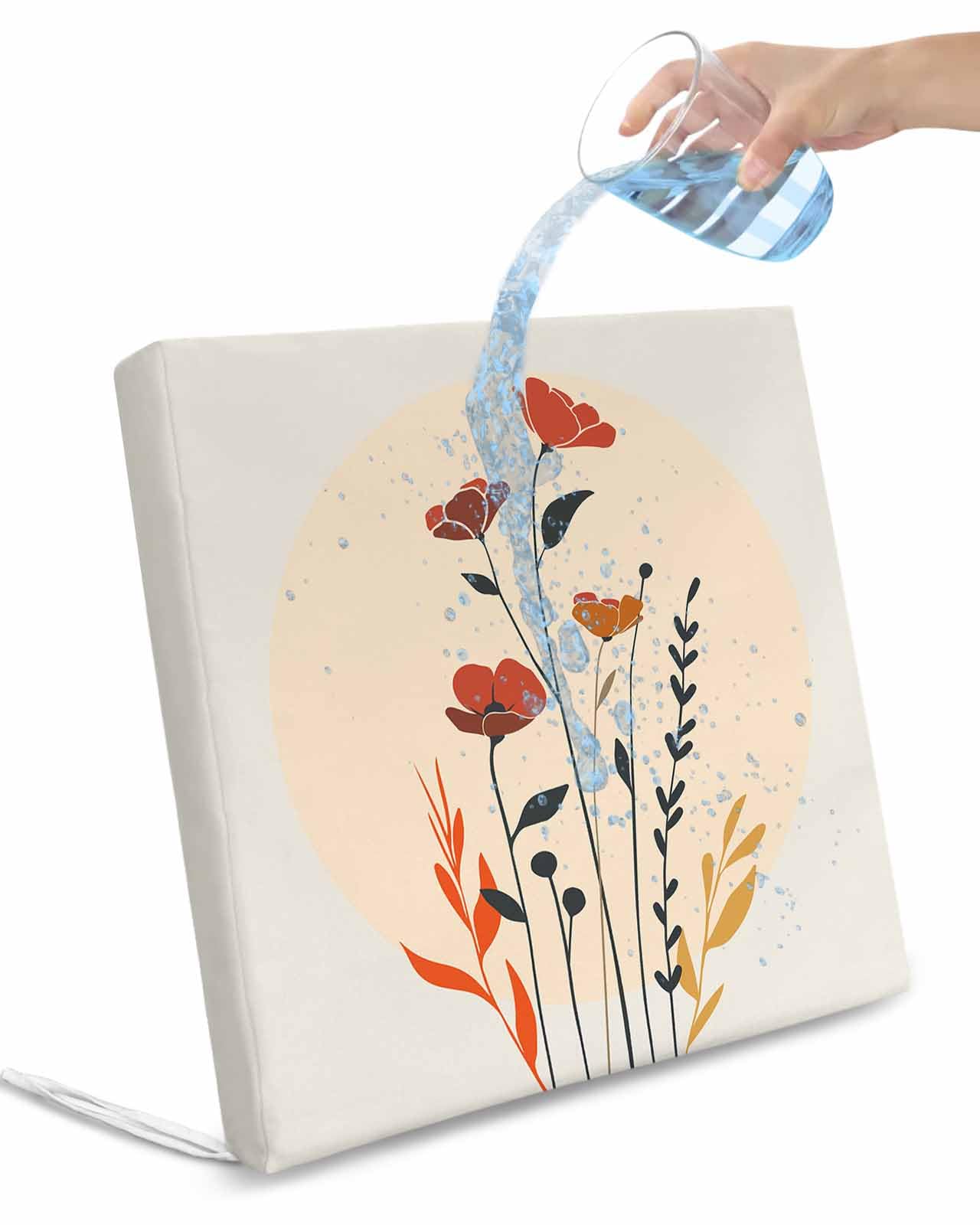 2 Pack Boho Floral Flower Waterproof Cushion Covers with Ties Outdoor Patio Chair Seat Cushion Slip Covers Replacement(Only Cover) Bohemian Botanical Middle Century Plant 22''x20''x4''