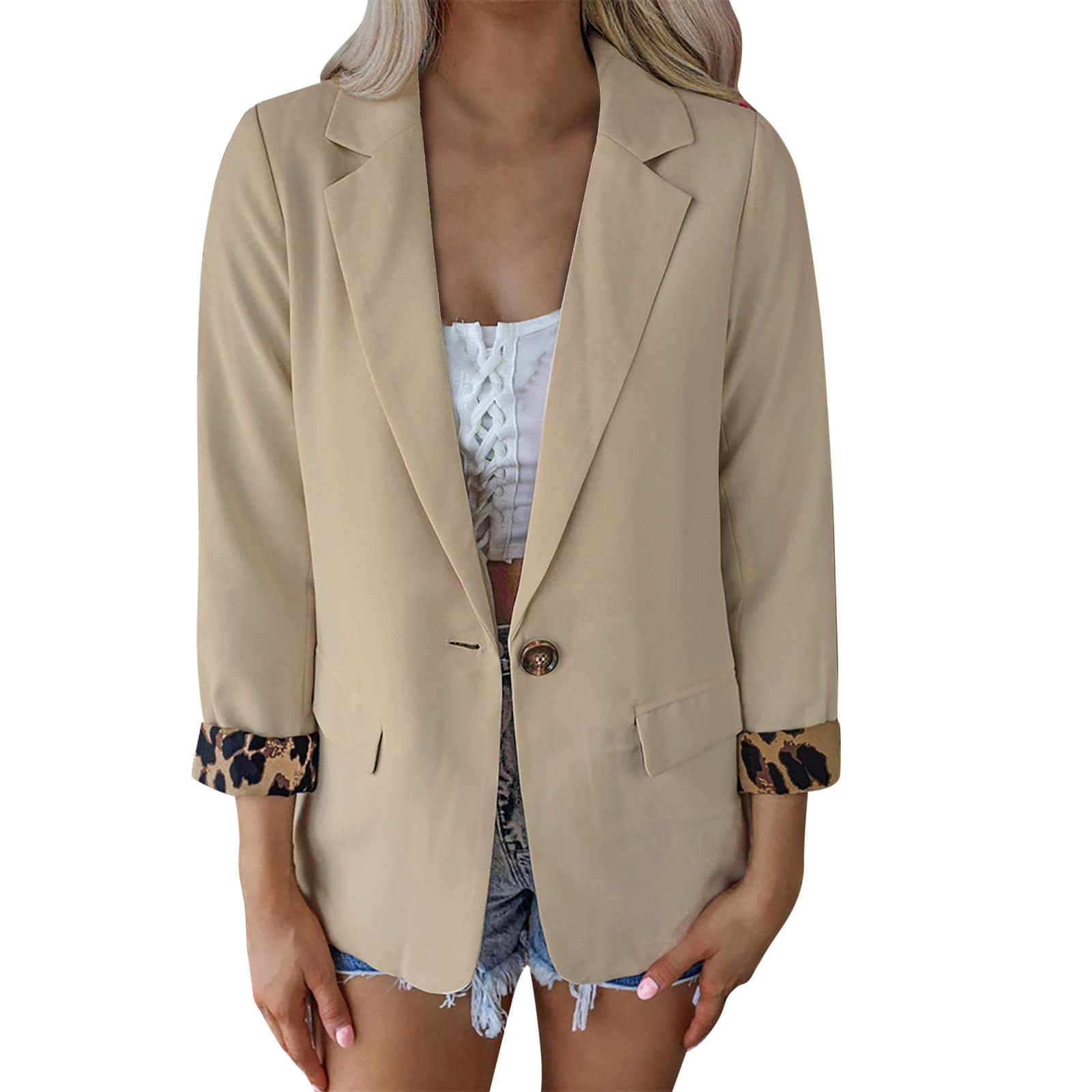 Leopard Blazer for Women Long Sleeve Lapel Open Front Button Work Suit Jackets with Pockets Business Casual Office