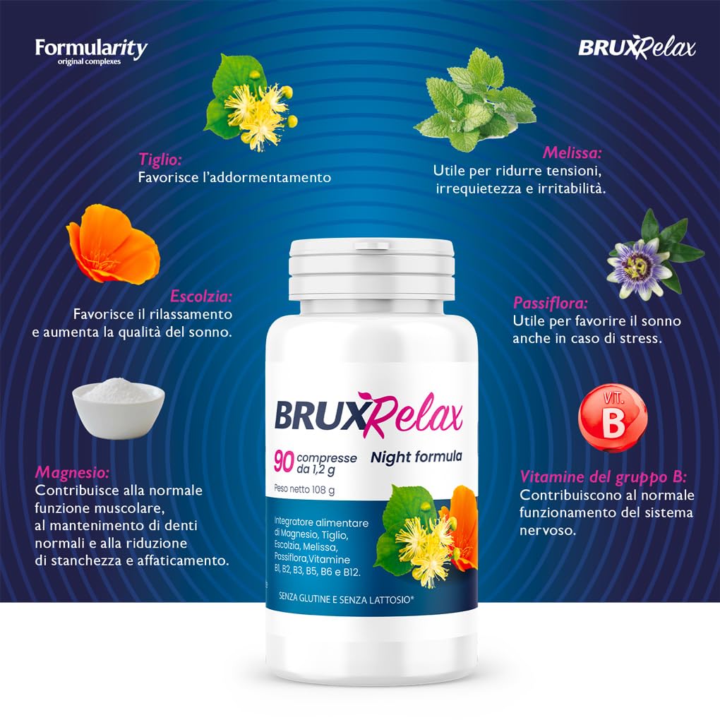 BruxRelax - Integratore Naturale per Bruxismo, Insonnia e Disturbi del Sonno -Con Tiglio, Escolzia, Mellisa, Passiflora, Doppio Sale di Magnesio, Vitamine del gruppo B-90 compresse/3mesi Made in Italy
