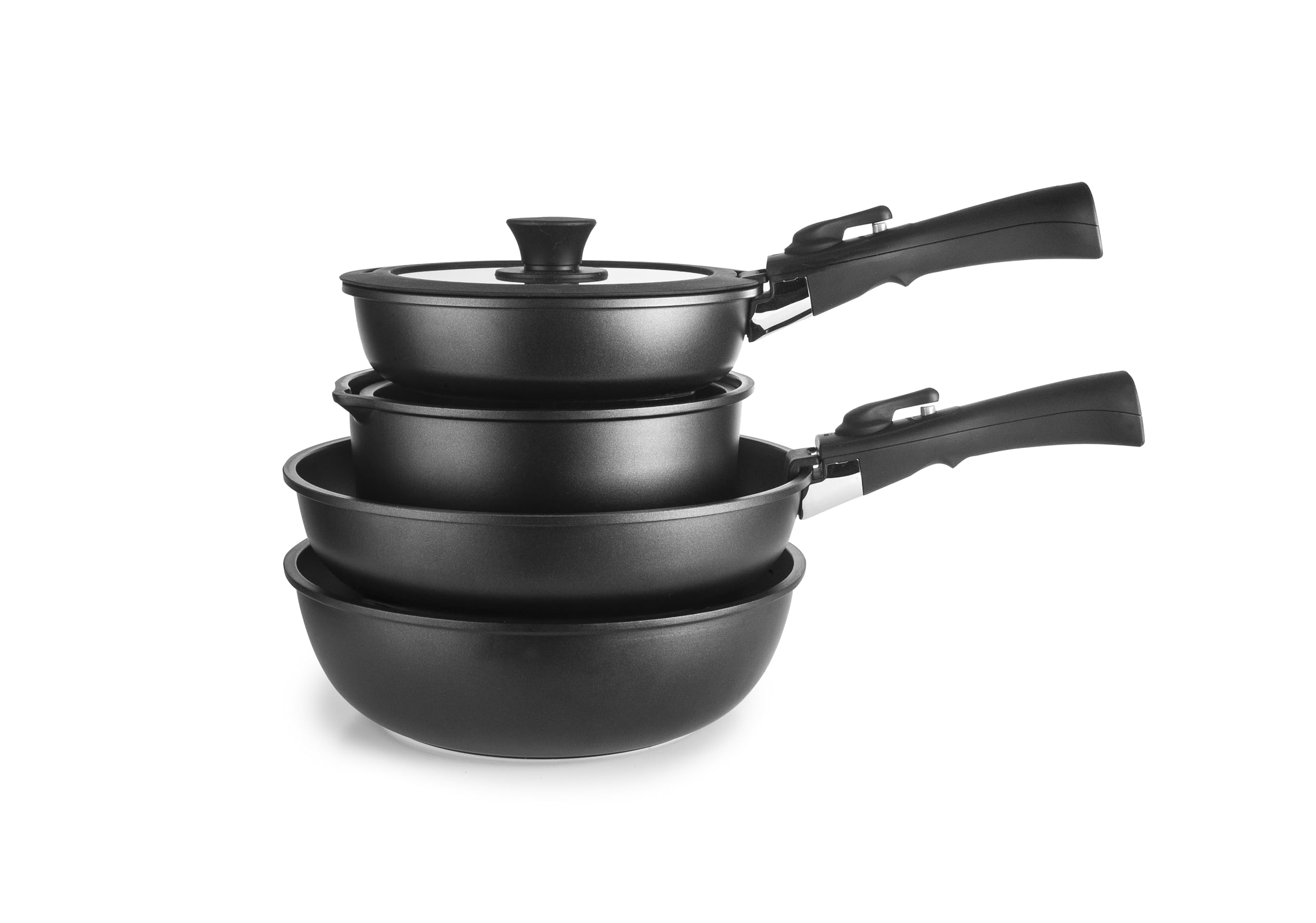 IBILI - Set batteria 9 pezzi Kompakto, padella 20-26 cm, padella profonda 26 cm, pentola 18-20 cm, coperchio 20-26 cm, 2 manici rimovibili, senza PFAS, alluminio pressofuso, impilabile, facile da