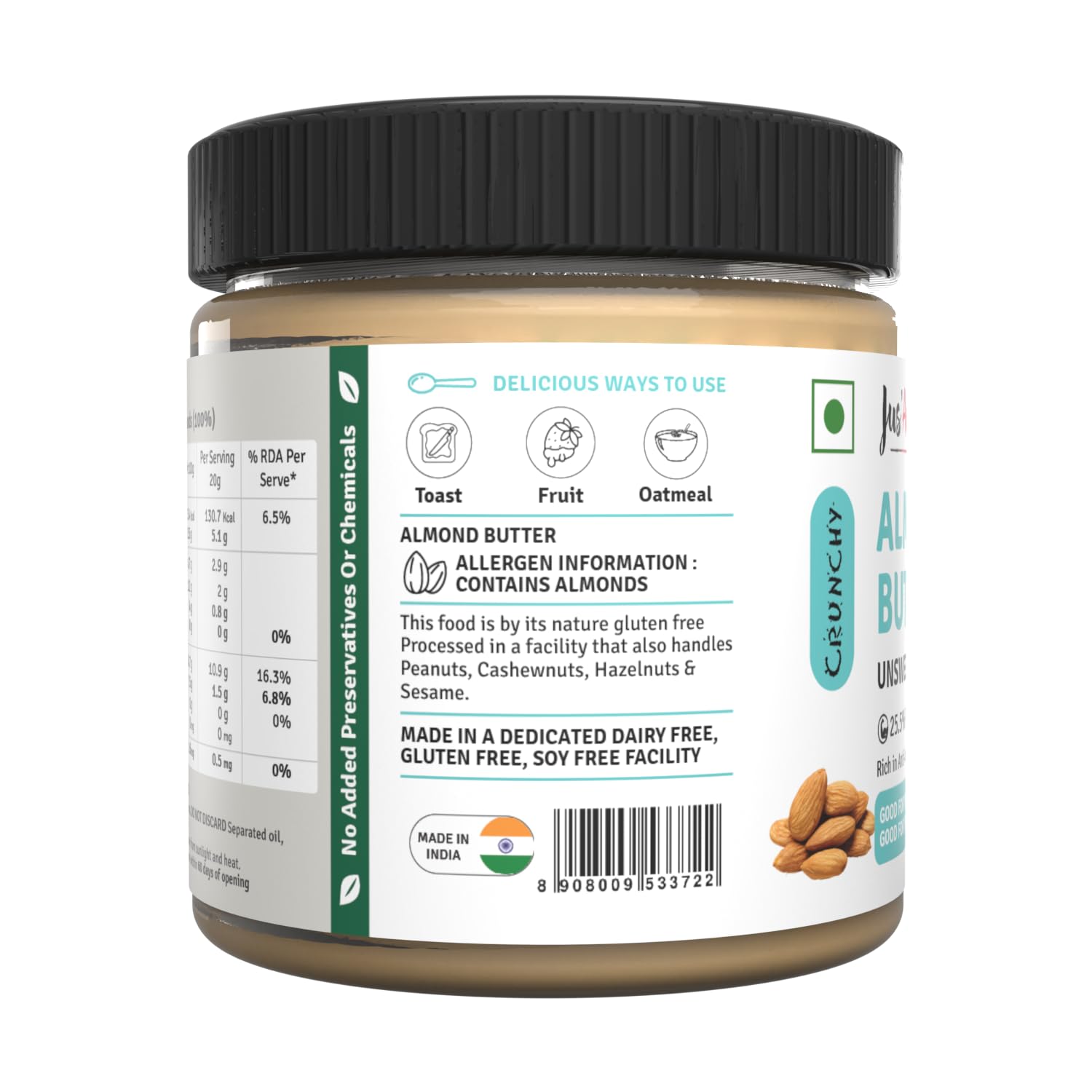 Jus' Amazin Crunchy Almond Butter - Unsweetened (200 g) | 25% Protein | Only Pure Whole Almonds | Zero Additives / Chemicals | Plant Based, Dairy Free, Keto | Clean Nutrition, 0% Chemicals - Image 7 thumbnail