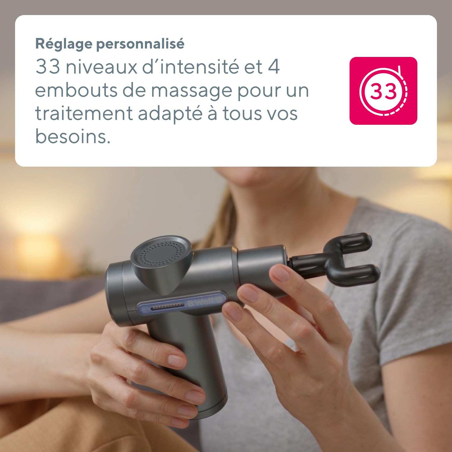 B.Well Swiss MED-450 Nouvelle Génération – Pistolet de Massage Musculaire à Percussion, Massage Profond, 33 Vitesses, 4 Embouts, Récupération Sportive, Batterie 2 500 mAh