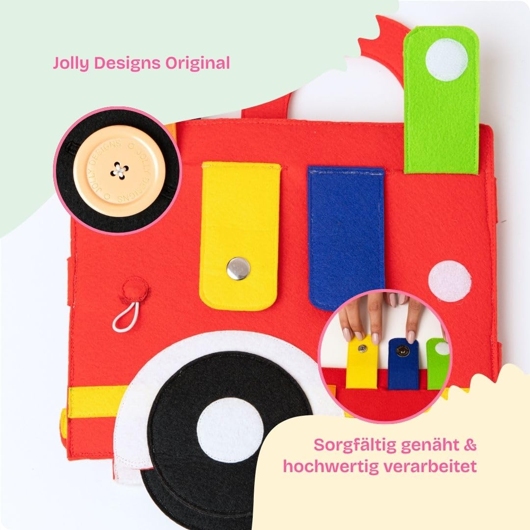 Jolly Designs Travel Buddy Vigili del fuoco – Montessori Giocattoli a partire dai 18 mesi – Busy Book & Libro in stoffa in feltro – Giocattoli educativi & Libro in moto per bambini – Giocattoli da