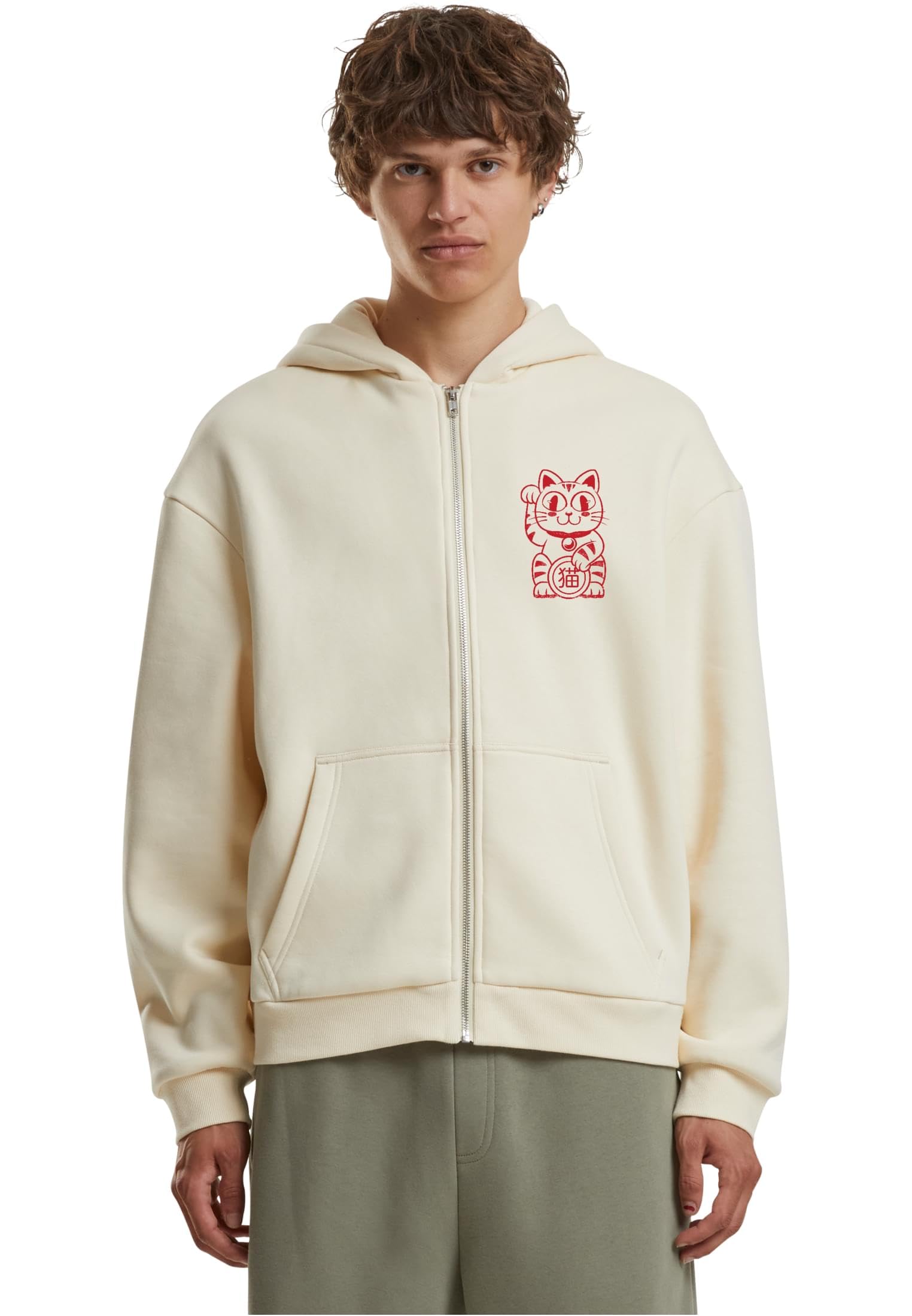 Mister Tee Męska bluza z kapturem Good Luck Cat Fluffy Zip Hoody – Regular Fit bluza z kapturem z nadrukiem kota na szczęście i miękkim polarowym wnętrzem, biały piasek, XL