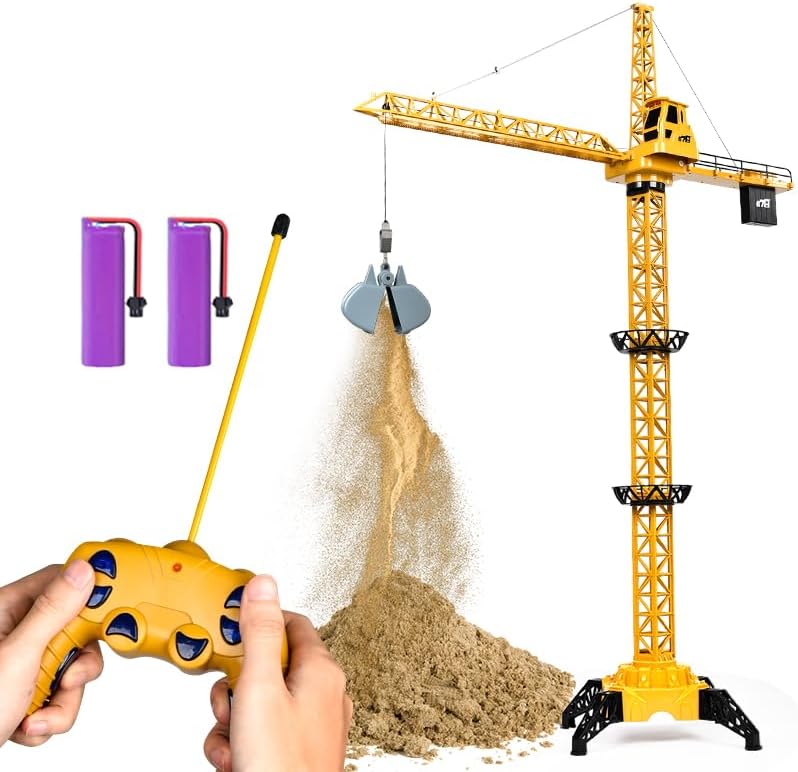 DIY Alloy 4 Channel RC Tower Crane for Kids - 50.4 Inches Remote Control Crane Toy with 2 Batteries, Rotating Lift Construction Vehicles with LED Lights, Excavator Toy for Ages 4,5,6,7,8 Boys & Girls
