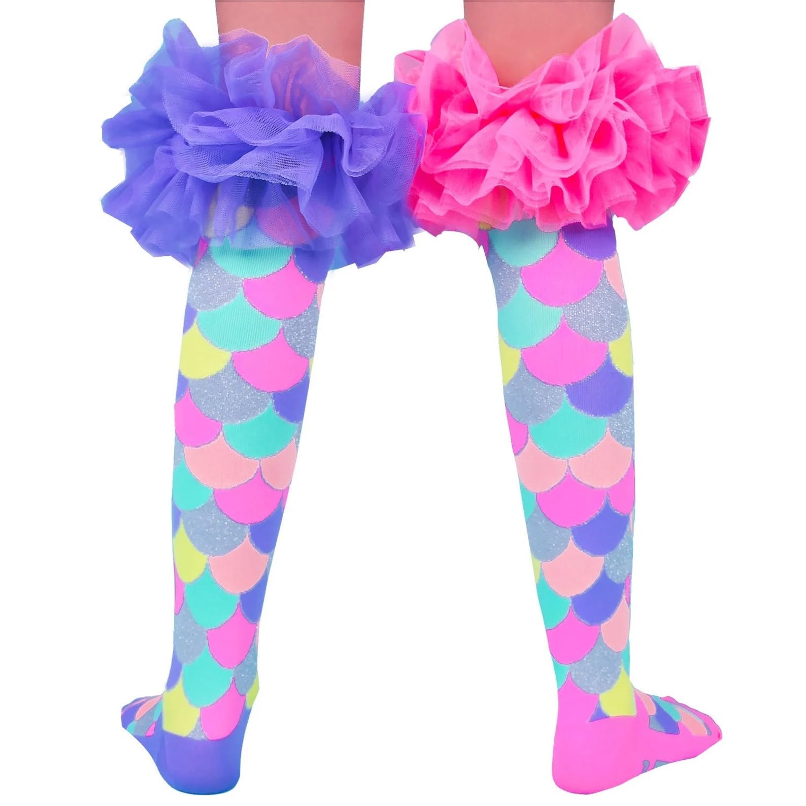 SAMVARDHAN Mermaid Knee-High Socks with Ruffle Tulle, Colorful Glitter Print for Girls, Kids & Teens,School Girl Super Comfortable - Age of 3 to 12 Years 1