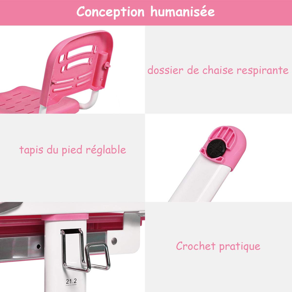 COSTWAY Bureau Enfant Ensemble Table et Chaise pour Enfants avec Lampe Hauteur Réglable Plaque de Table Inclinable pour Etude Travail Charge Max 80KG (Rose)