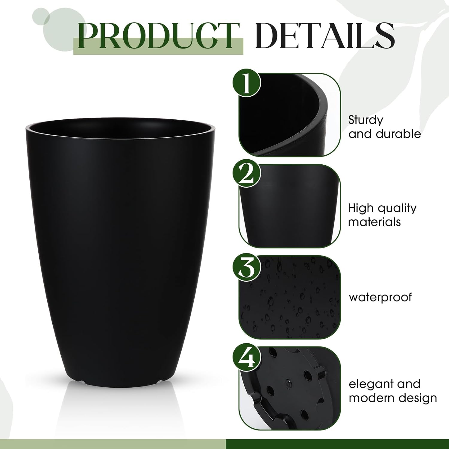 2 Pack 14 Inch Tall Planters for Outdoor Indoor Plants, Black Round Resin Plant Flower Pots with Drainage Hole for Front Porch Patio Garden Deck Living Room Decor