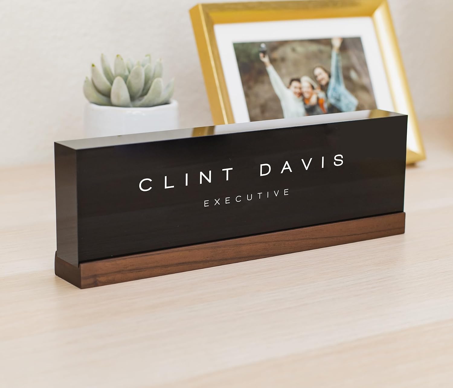 Personalized Acrylic Name Block w/Wooden Base (Design 3) - 9.75 x 2.75 x 1.125" Minimal Executive Desk CEO Job Office Decor Teacher or Promotion (Black Acrylic)