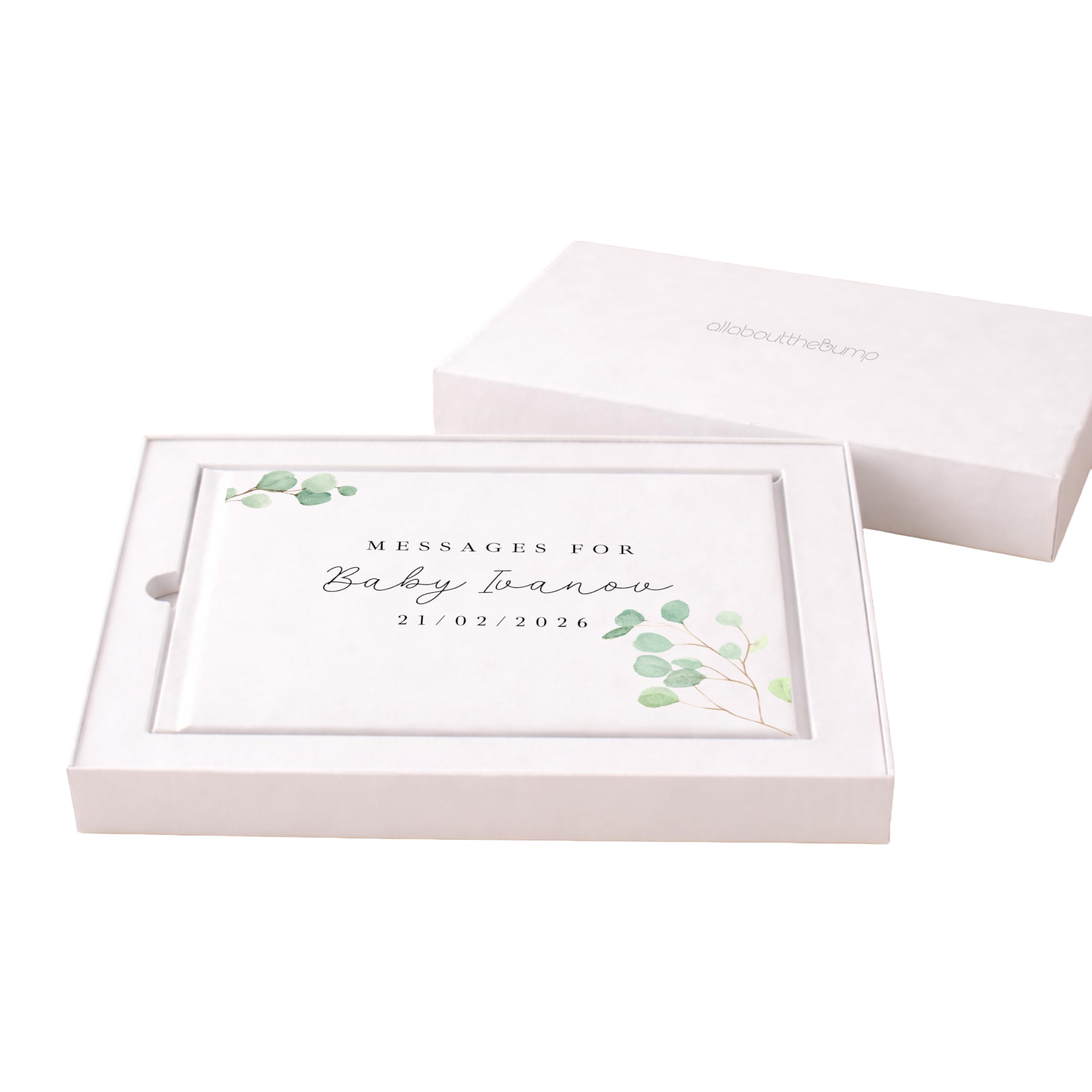 Baby Shower Guest Book and Sign Set, 23 x 17.5 cm, 80 Pages, White with Green Leaf Design, Personalised Messages Book with Display Sign (Guest Book: Boxed)