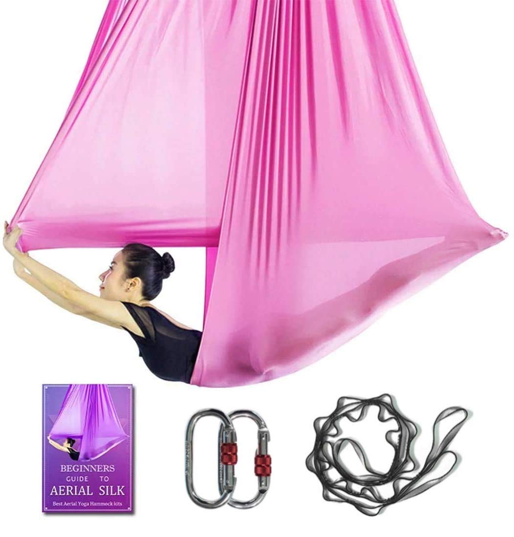 Aerial Yoga Hammock L:5M W:2.8M Aerial Pilates Silk Yoga Swing Set with 2000 Ibs Load Include Daisy Chain, Pose Guide (Sakura Pink)