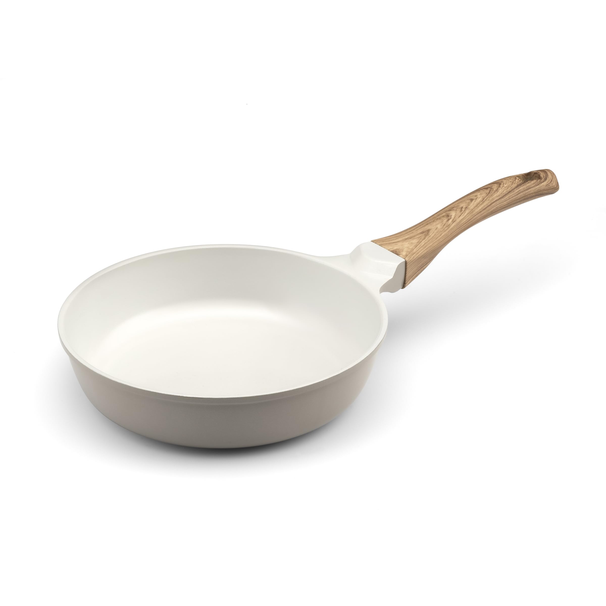 Cuisinox - Mythic - Poêle 2 cm avec revêtement en céramique blanche - Poignée Fixe Soft Touch effet bois - Sans PFOA et PFAS - Coloris Blanc et Gris
