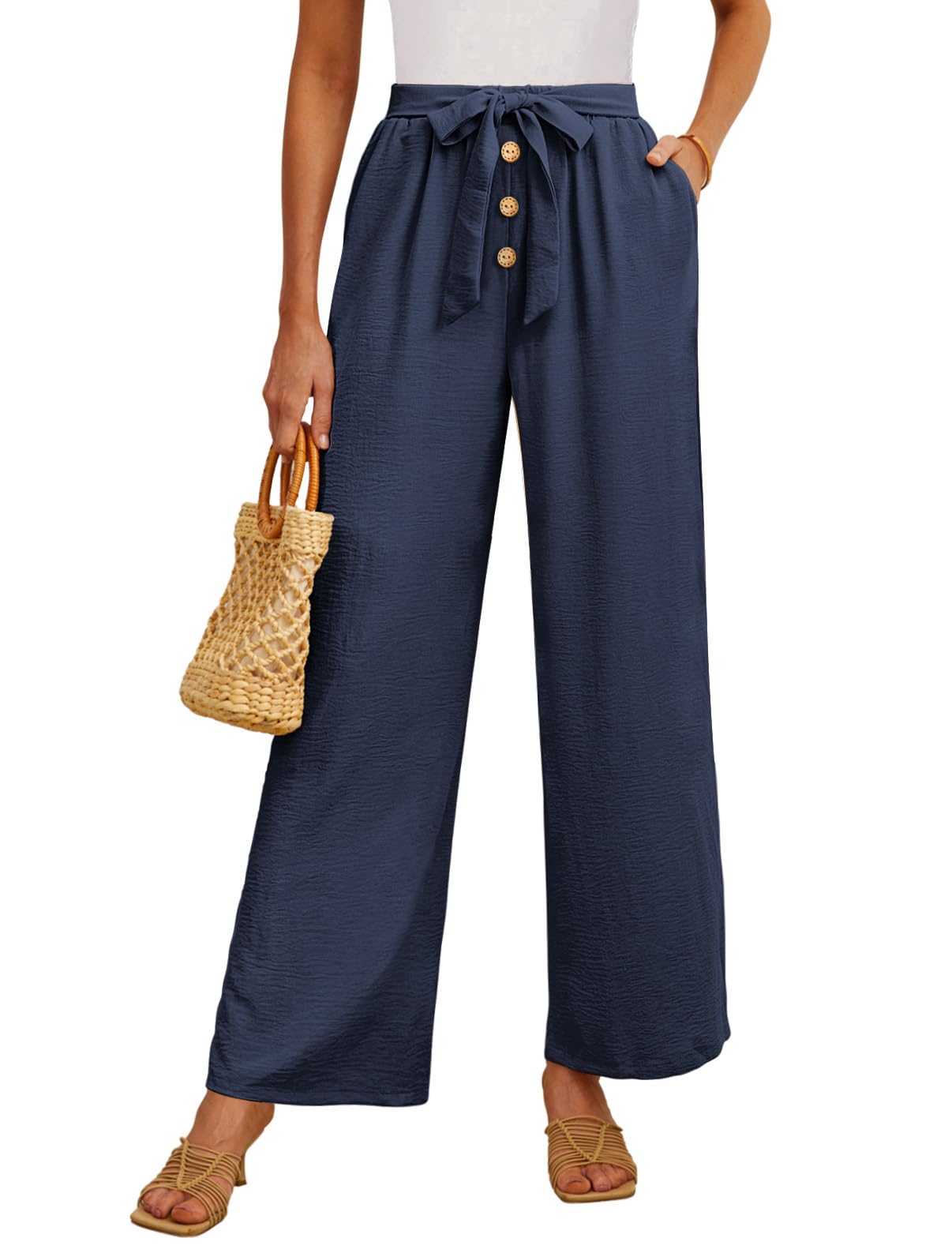 Feiersi Womens Wide Leg Lounge Pants High Waist Button Palazzo Pants Lightweight Tie Knot Loose Trousers