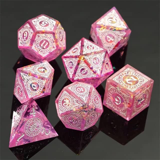 Miniatura 3 de Juego de dados DND afilados de mago místico rosa con caja de dados de cuero para Calabozos y Dragones DD borde afilado dados de resina poliédrico