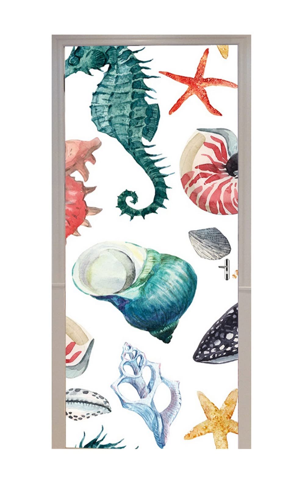 A.Monamour Türtapete Selbstklebend Türfolie Türposter 3D Wasserfarbenes Meeresmuster Mit Muscheln Rotem Seestern Seepferdchen Vinyl Folie Türdeko Tapete Wandbild Türaufkleber Türtattoo 90x200cm