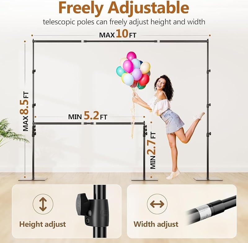 EMART Fotó Háttér Állvány Acél Alappal, 2,6m x 3m Állítható Rendszer - 8.5x10ft, Black