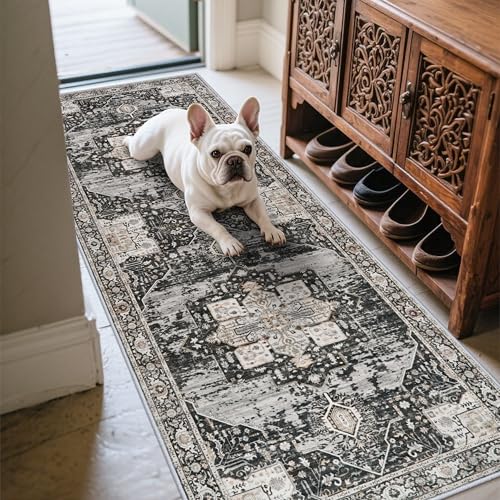 2x6 Hallway Washable Runner Rug - Boho Rugs for Living Room Stain Resistant Carpet Vintage Tribal Rugs for Bedroom Kitchen Non Slip Backing Home Decor Floor Decoration Mat 2X6 Black
