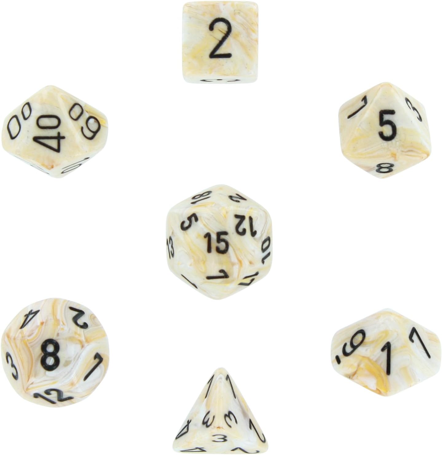 Chessex Dice: Polyhedral 7-Die Marble Dice Set - Ivory with Black