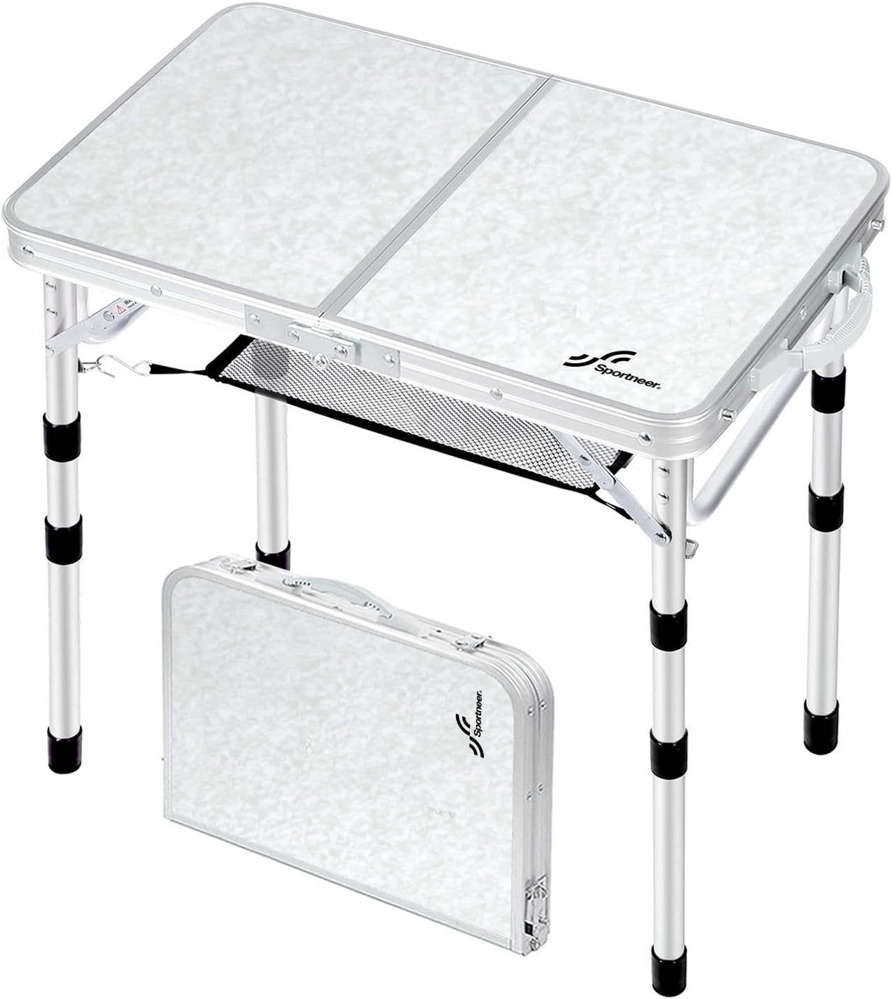 Camping Table: Adjustable Height Small Folding Table 23.6" L x 15.7" W 4 Height with Mesh Layer - Compact & Portable Camping Essentials for Outdoor Camp Garden Picnic BBQ Dining Cooking