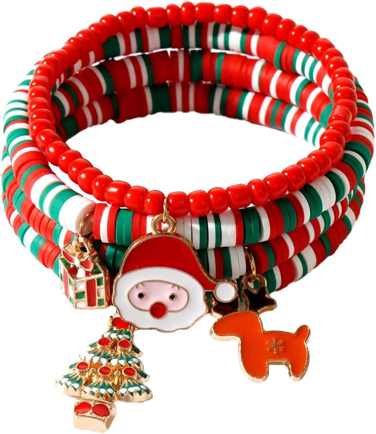 4pcs stack Christmas clay heishi seed beaded bracelets women handmade