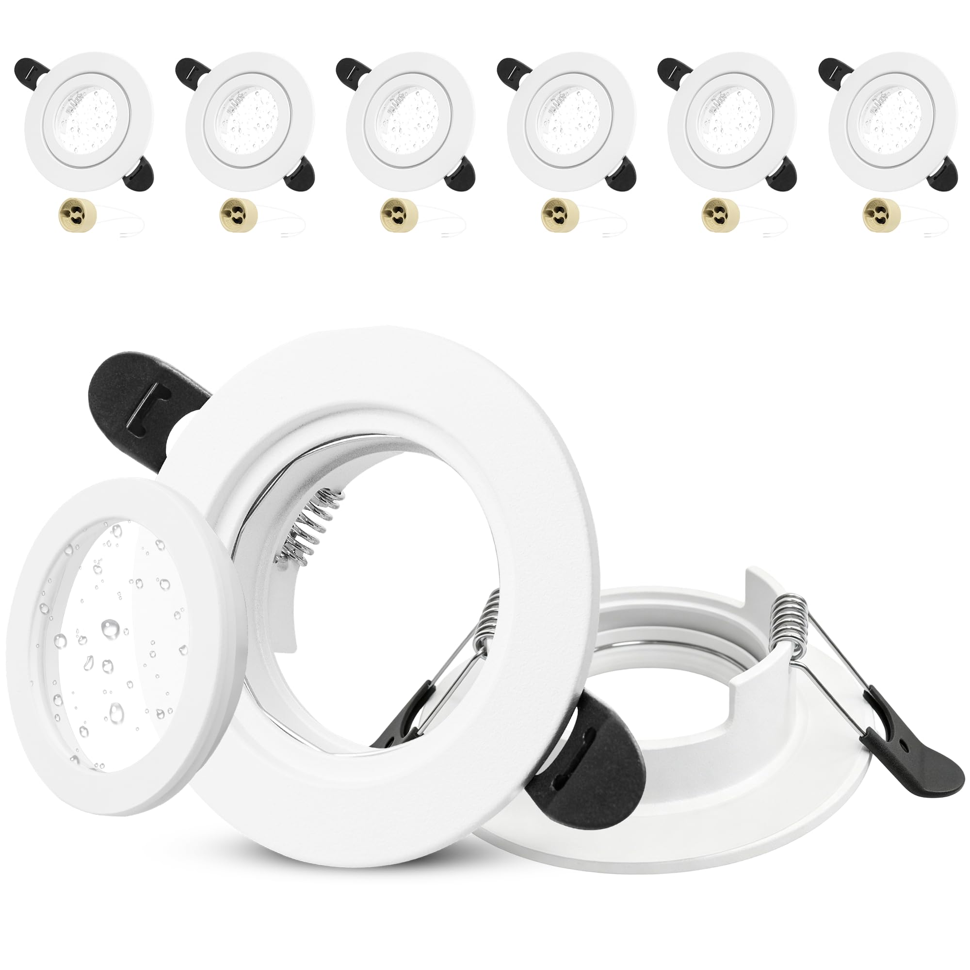 6 x Marcos Foco Empotrable GU10, IP65 Impermeable Aluminio Marco Ojos de Buey LED para Techo Incl. Portalámparas GU10, Blanco Redondo Marco Focos Recorte 58-75mm para Baño, Sin Bombilla