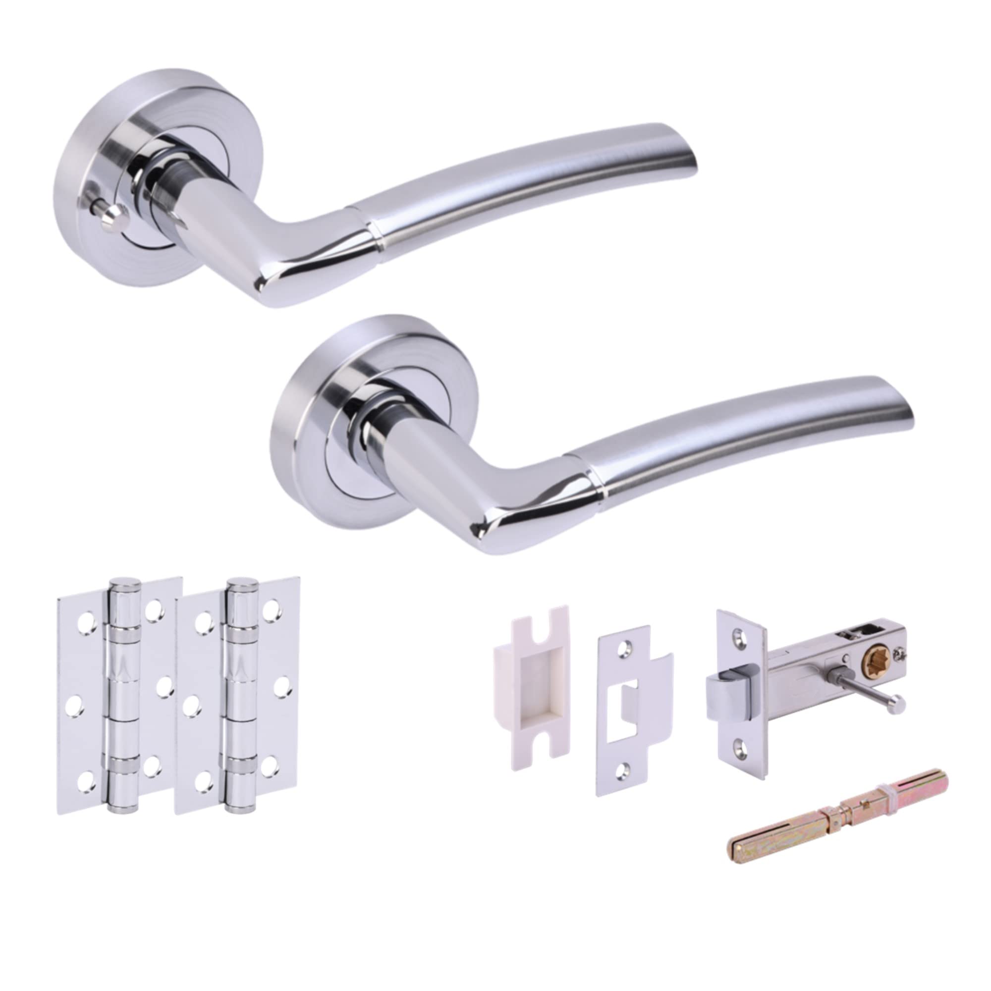 Hunta HANDLEZONE® Neemo Privacy Door Handle Latch Pack, Complete with Lever On Rose Handles, Latch, Ball Bearing Hinges - Dual Finish Polished/Satin Chrome — image 1