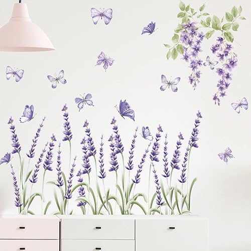 Calcomanías de pared de lavanda flores moradas con mariposas lavanda calcomanías de pared de vinilo extraíbles para despegar y pegar arte de pared