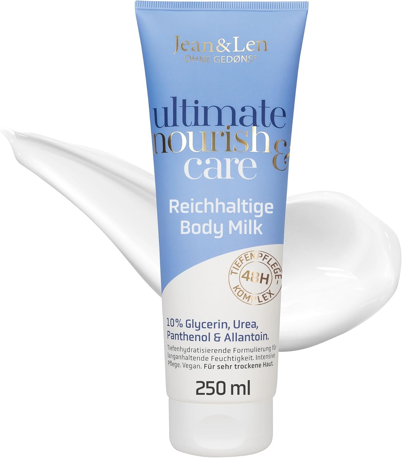Jean & Len Ultimate Nourish & Care Body Milk, voor de zeer droge huid, hydrateert de huid 48 uur lang, met vitamine E, rijke bodylotion, zonder parabenen en siliconen, veganistisch, 250 ml
