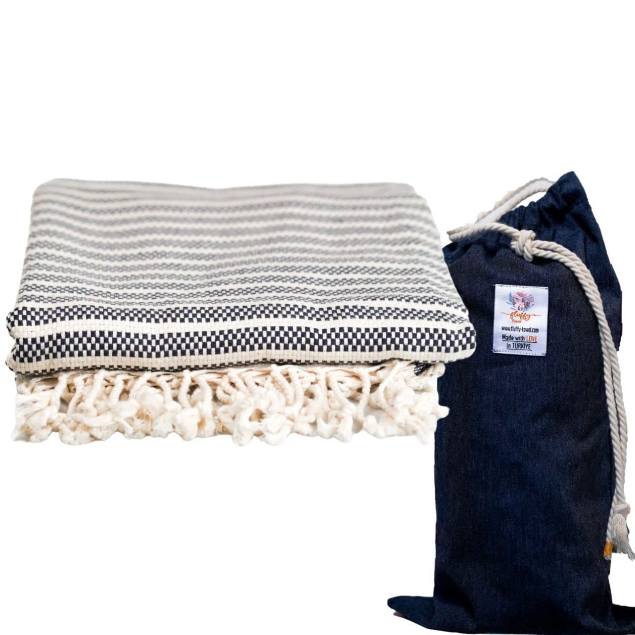 American Fluffy Towel Peshtemal Beach Towel with Travel Bag Cotton, Oversized 40”x70” Inches | Turkish Bath Towel for Bathroom, Beach, Pool, Gym and SPA -Suitable Gift (Navy Blue)
