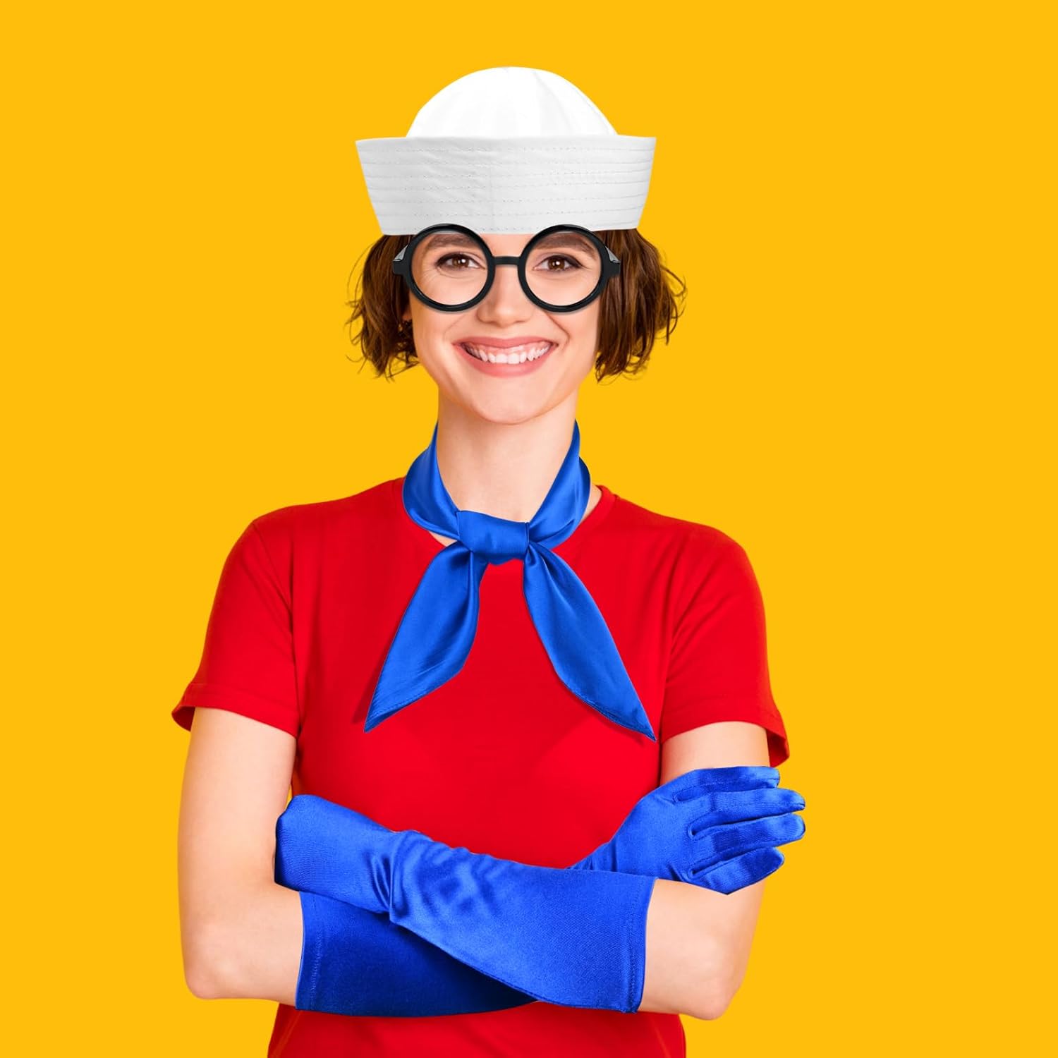 5 PCS Halloween Sailor Costume Include Sailor Hat Scarf Gloves Socks Glasses for Men Women Cartoon Character Dress Up - Image 6