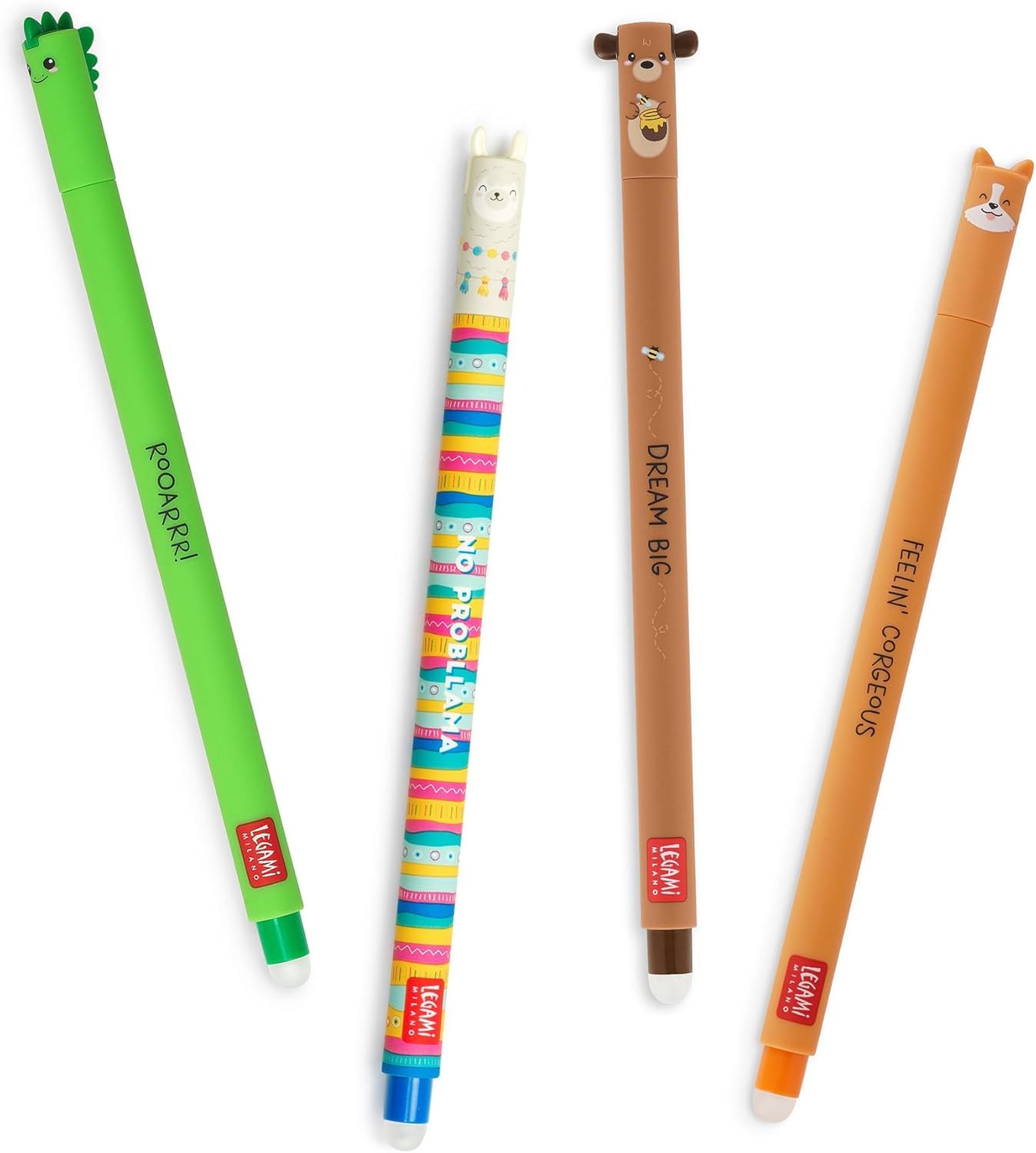 Legami - Set di 5 penne gel cancellabili con inchiostro cancellabile termosensibile - Dino (verde) - Tigre (arancione) - Shark (blu) - Piggy (rosa)- Bear (blu)