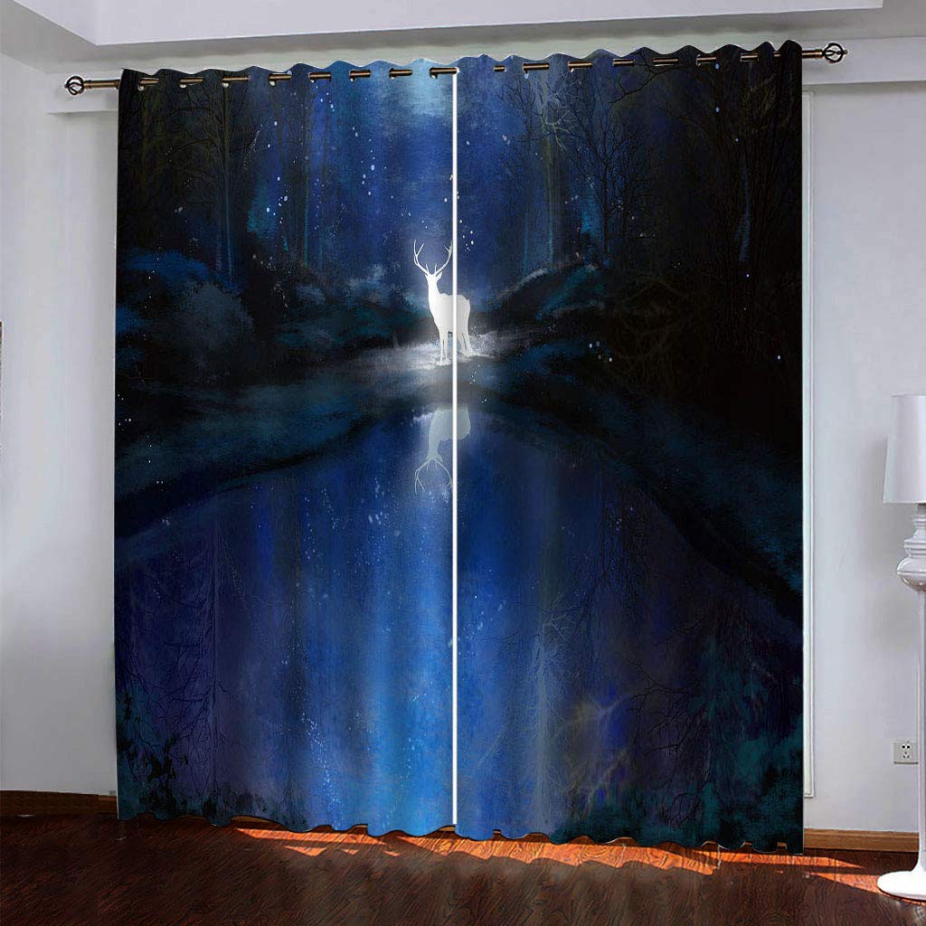 Vorhänge Kinderzimmer Junge 3D Blauer Sternenhimmel Hirsch Jungen Kinder Mädchen, Blickdicht Dekor Schlafzimmer 140x240 cm Verdunkelungs Fenster Vorhang Panels, Gardinen Mit Ösen