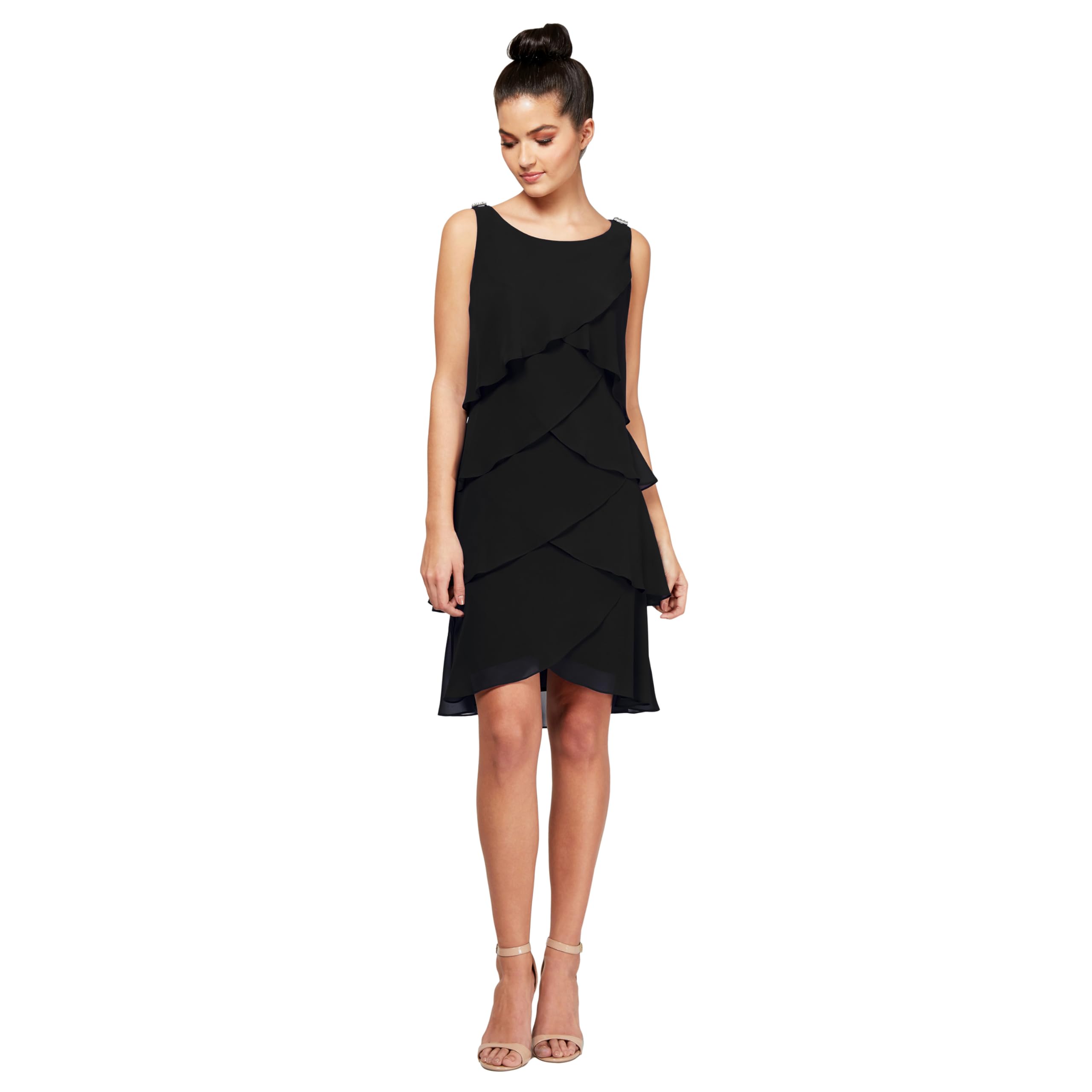 S.L. Fashions Women's Sleeveless Chiffon Tiered Cocktail Dress Petite and Missy Special Occasion, Black Tulip, 18