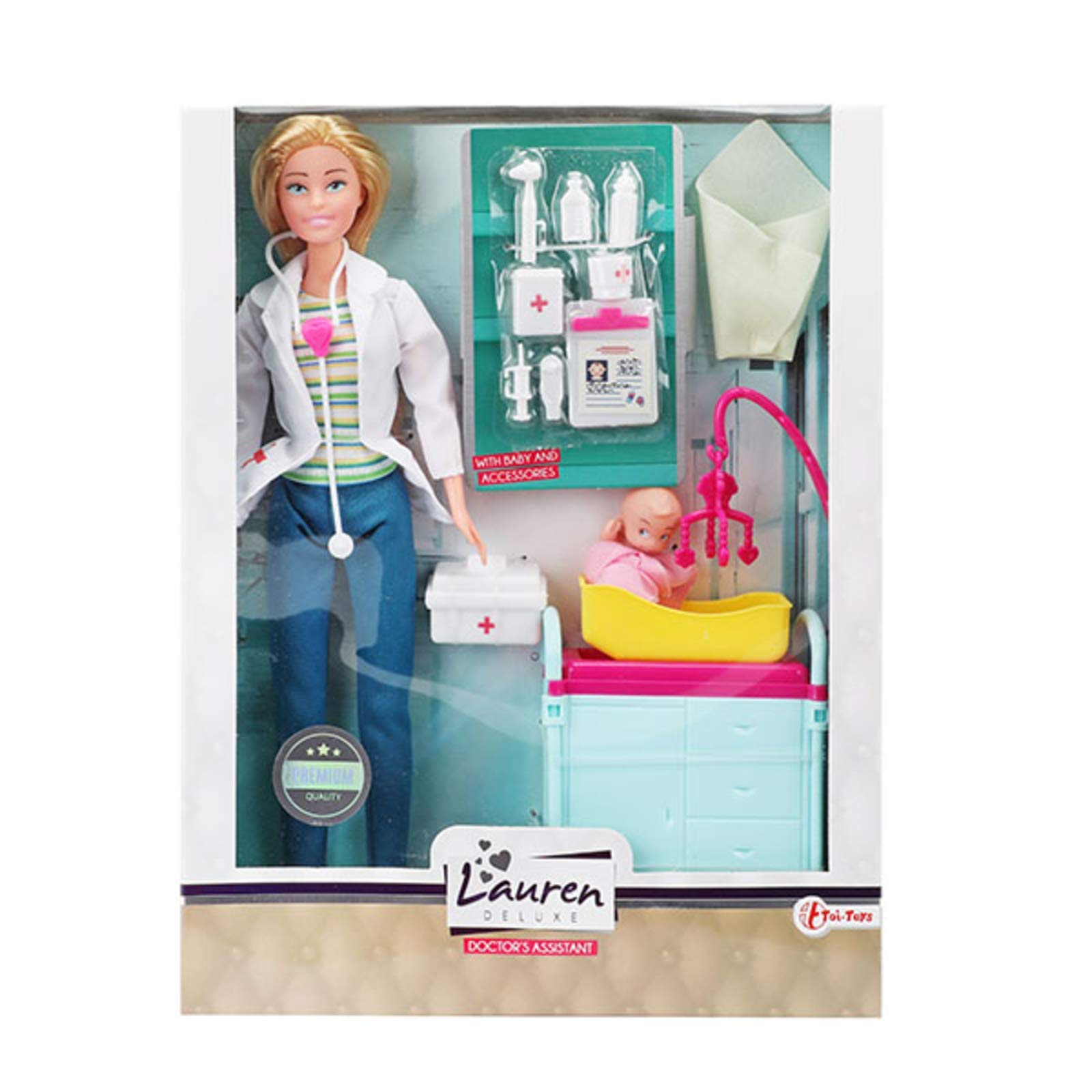 Toi-Toys 04825A lalka nastolatka LAUREN pediatrka z niemowlęciem i akcesoriami 16-częściowa