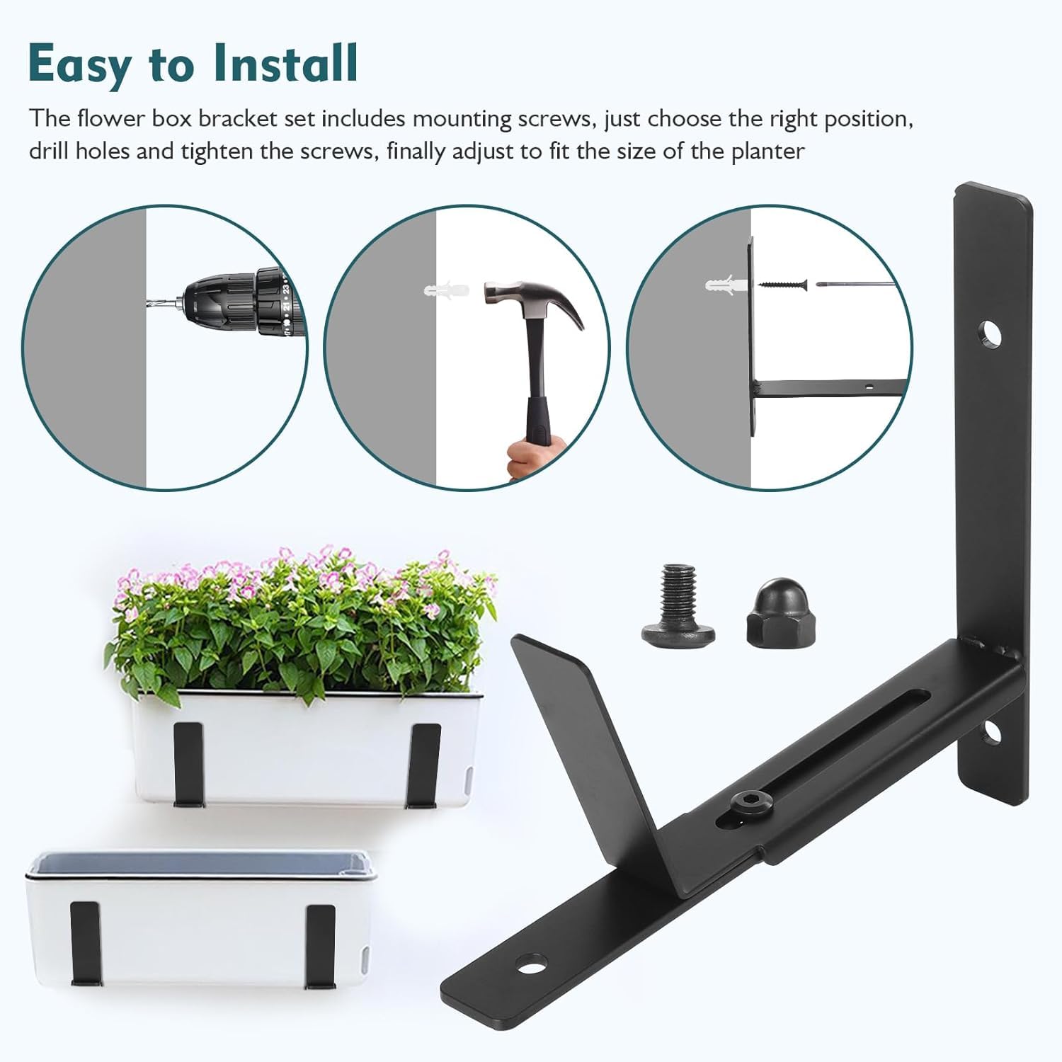 LATERN 4 Piezas Soportes para Jardineras de Ventana, 15CM - 30CM Ajustable Resistente Metal Jardinera Gancho de Montaje en Pared para Balcones Vallas Patios Jardines Pared Barandillas Repisa