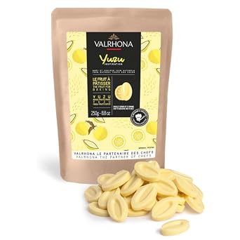 Valrhona Premium Yuzu Couverture Feves. Creamy, Fruity, Easy Melt, Intense Color & Flavor. Imparts Citrus Taste. Make Great Desserts. All Natural. No Preservatives. No Added Color. 250g Pack of 1